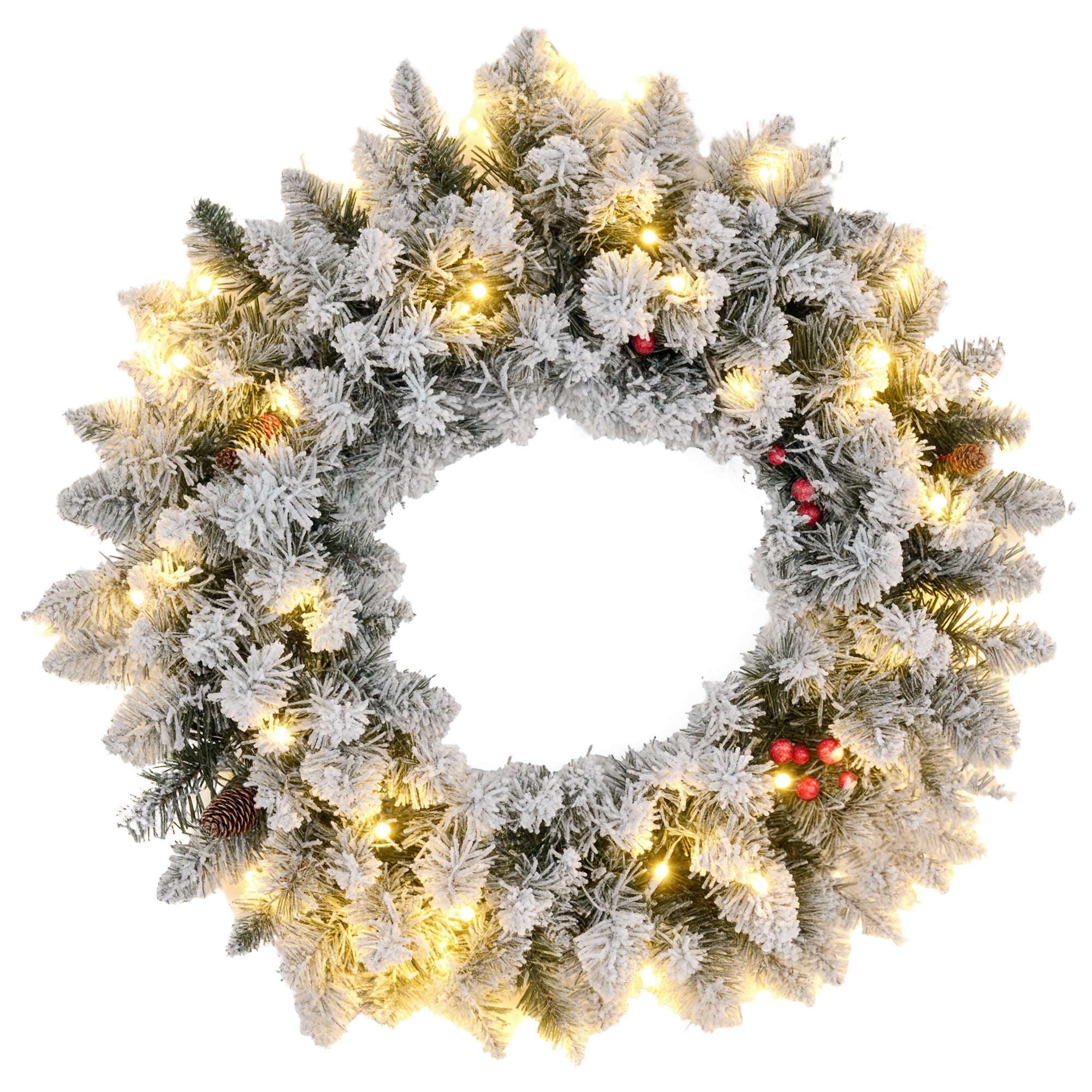 Couronne de Noël porte givrée artificielle 60 CM décoration de Noël lumineuse avec pommes de pin et baies rouges, lumières LED et minuterie, pour porte, fenêtre ou cheminée, vert