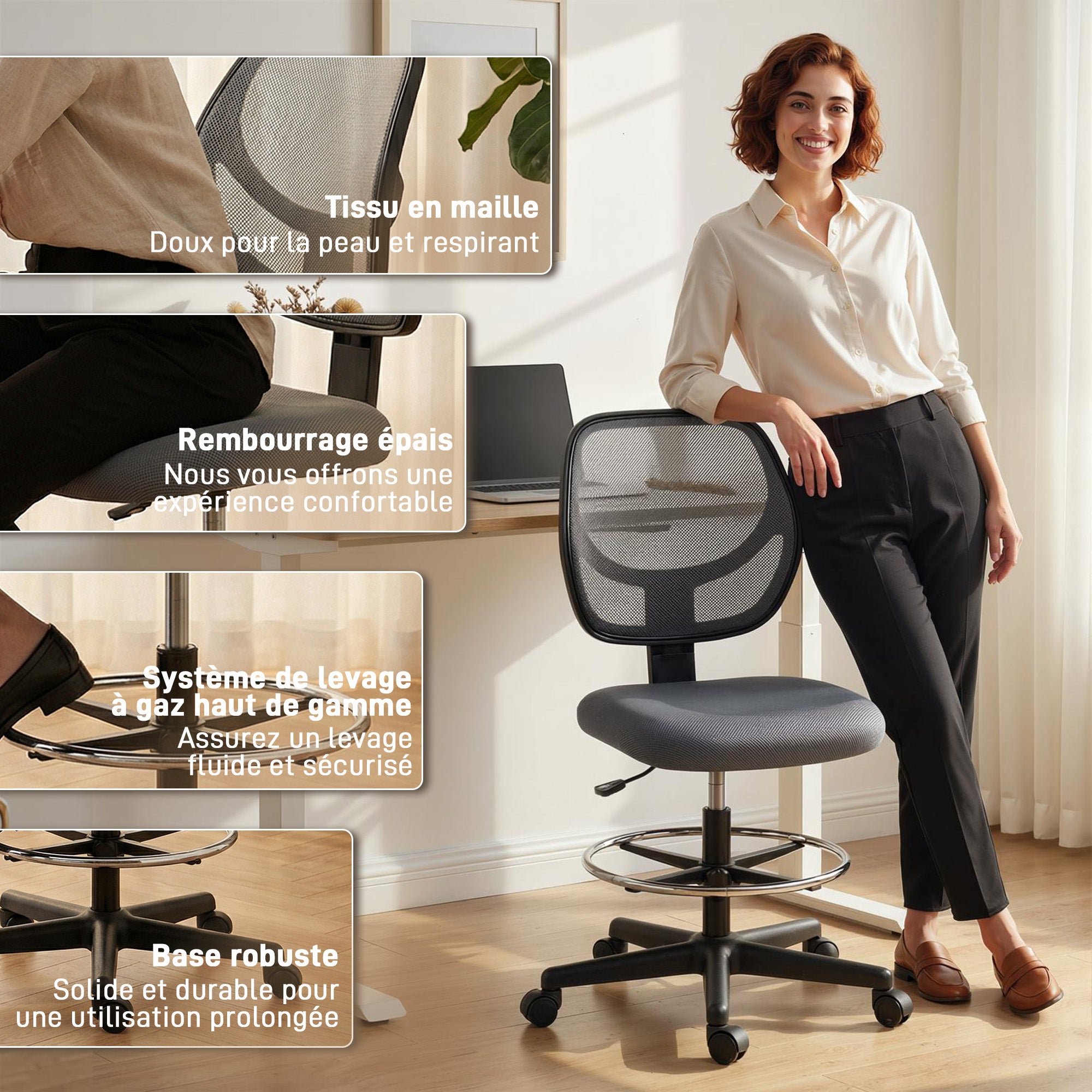Vinsett Chaise bureau ergonomique, fauteuil de bureau avec repose-pieds, chaise à dessin en maille, hauteur réglable, dossier incurvé, pivotant 360°, pour studio travail à domicile, gris foncé