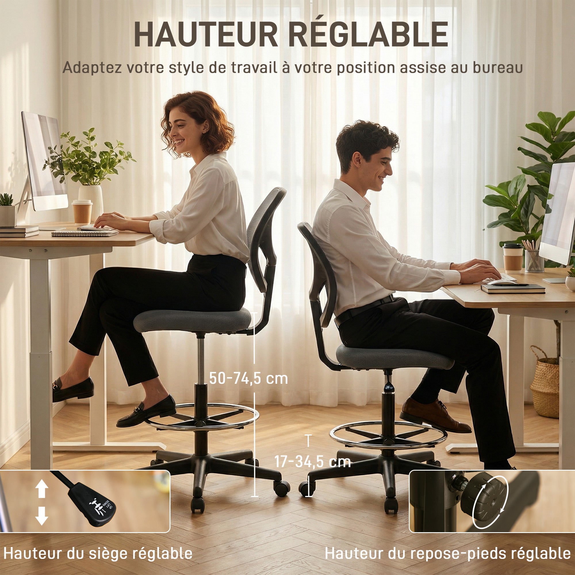 Vinsett Chaise bureau ergonomique, fauteuil de bureau avec repose-pieds, chaise à dessin en maille, hauteur réglable, dossier incurvé, pivotant 360°, pour studio travail à domicile, gris foncé