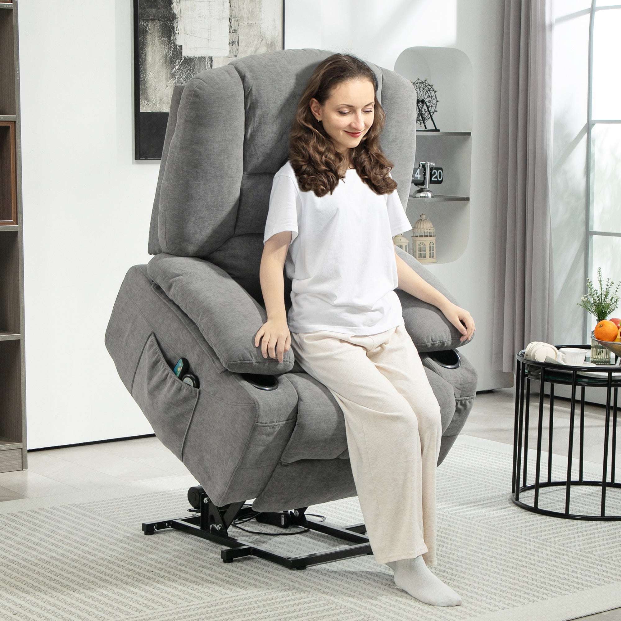 Fauteuil releveur électrique, fauteuil relax électrique, avec fonction massage et chaleur, inclinaison réglable, repose-pied, 2 télécommandes, dim. 97L x 90l x 102H cm gris foncé