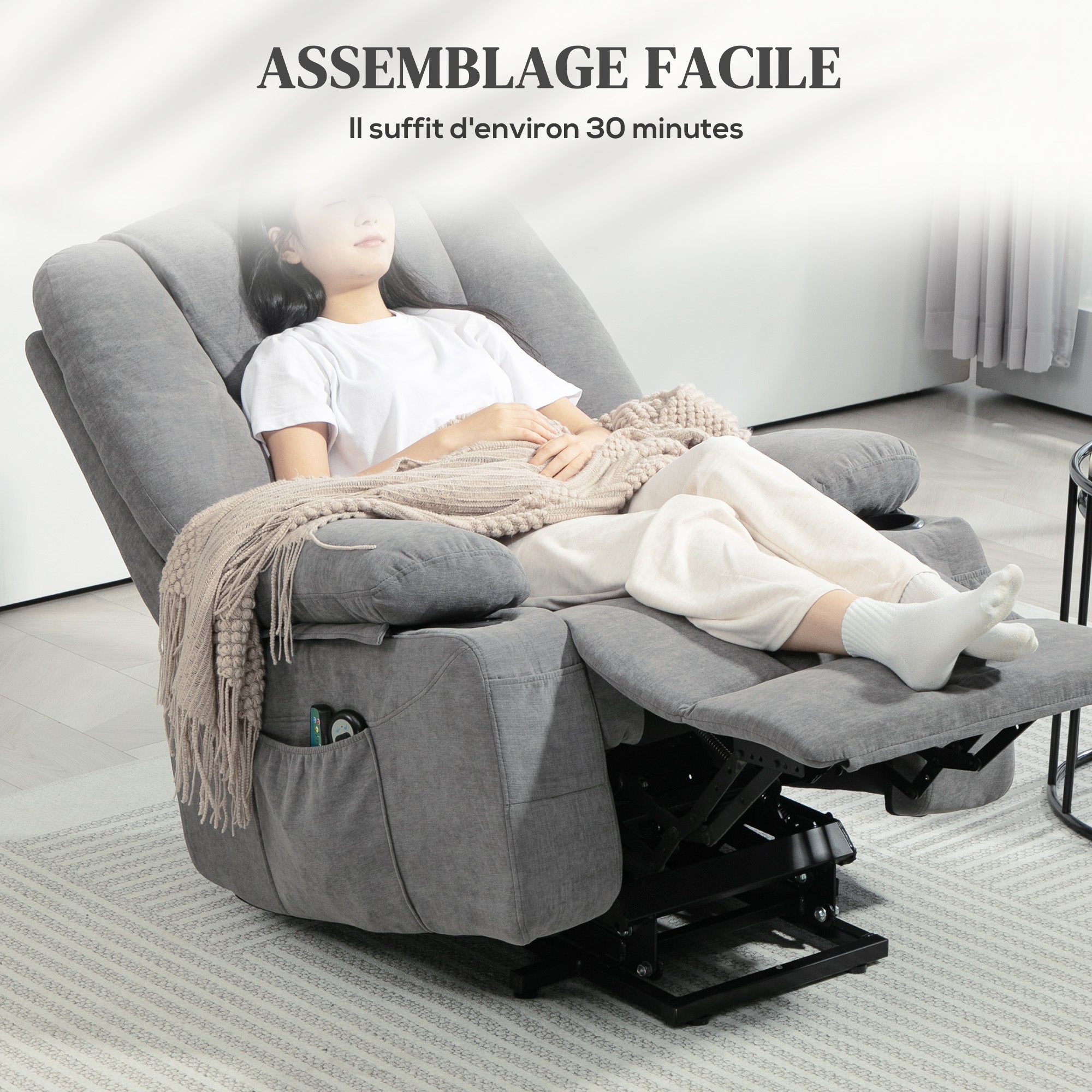 Fauteuil releveur électrique, fauteuil relax électrique, avec fonction massage et chaleur, inclinaison réglable, repose-pied, 2 télécommandes, dim. 97L x 90l x 102H cm gris foncé