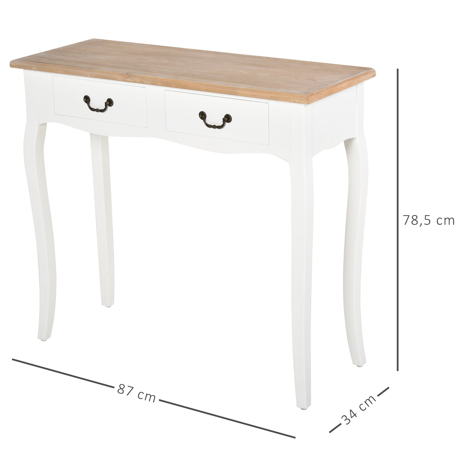 Table Console Table d'entrée Bout de Canapé Style Mexicain 2 tiroirs dim. 87L x 34l x 78H cm MDF Bois Massif pin Clair Blanc