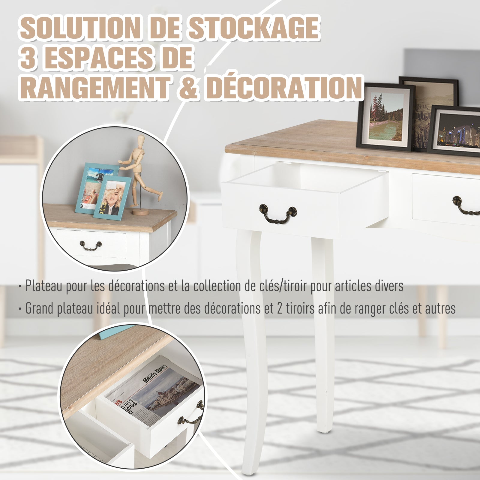 Table Console Table d'entrée Bout de Canapé Style Mexicain 2 tiroirs dim. 87L x 34l x 78H cm MDF Bois Massif pin Clair Blanc