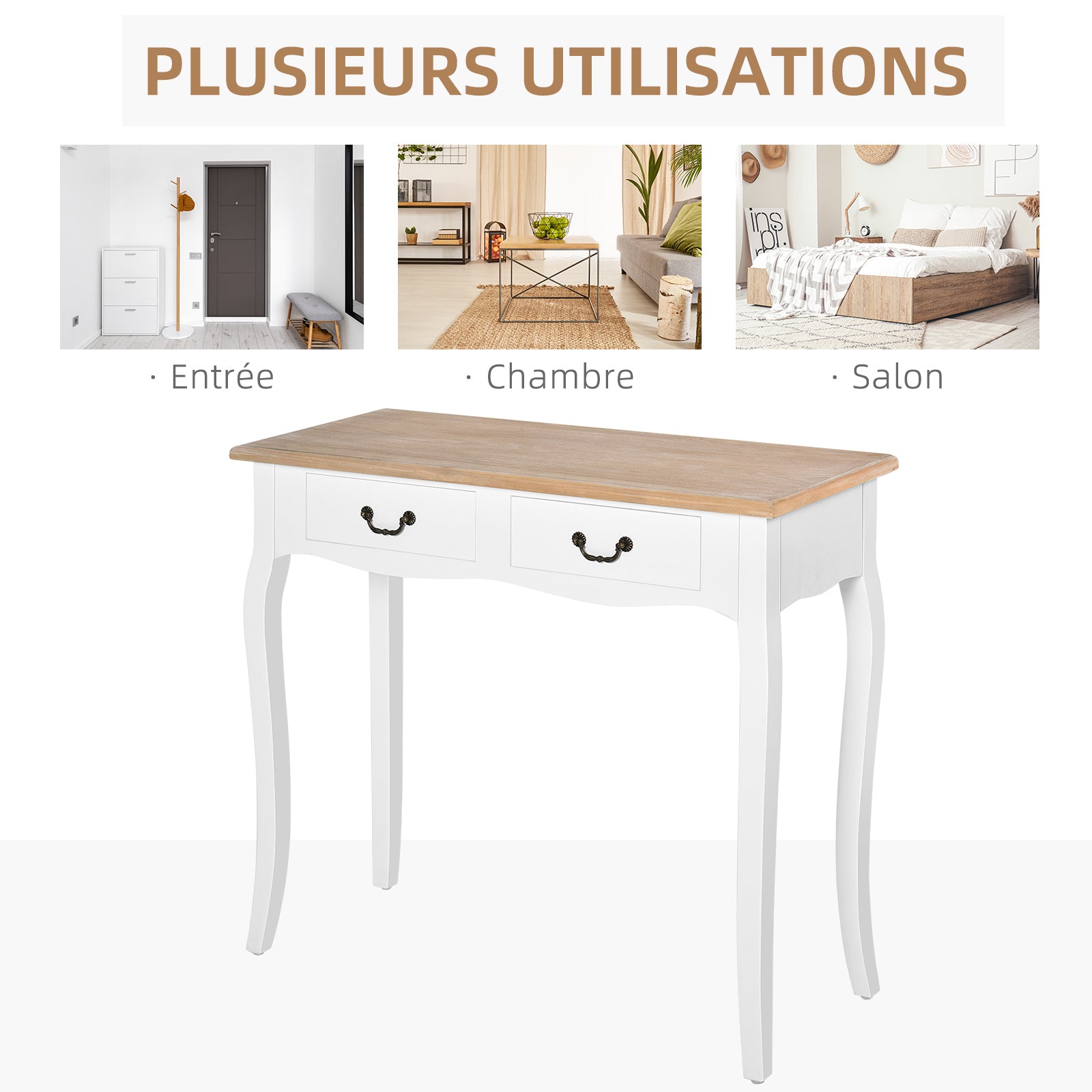 Table Console Table d'entrée Bout de Canapé Style Mexicain 2 tiroirs dim. 87L x 34l x 78H cm MDF Bois Massif pin Clair Blanc