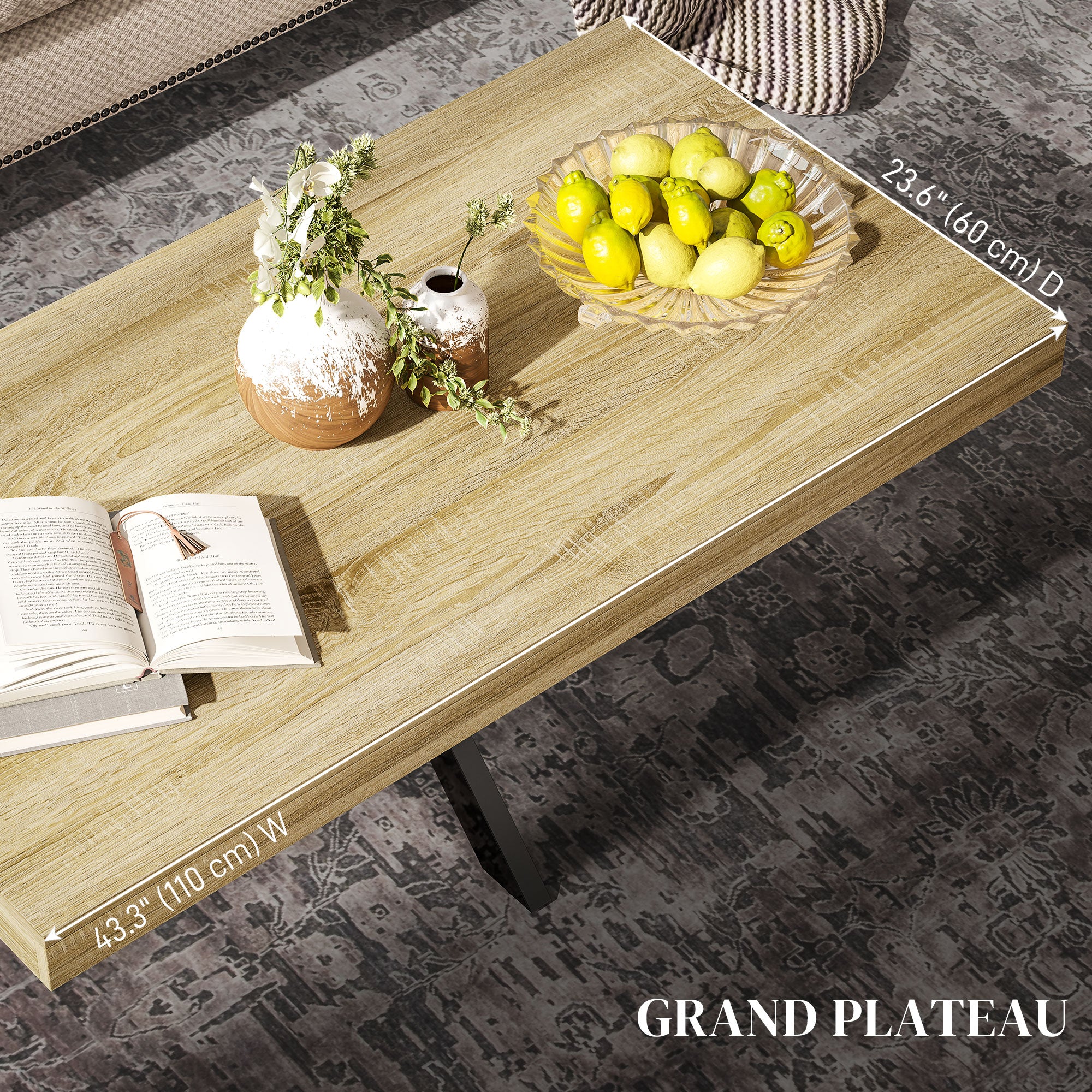 Table Basse rectangulaire table d'appoint Style Industriel en métal Noir et Plateau aspect Bois - dim. 110 x 60 x 45cm