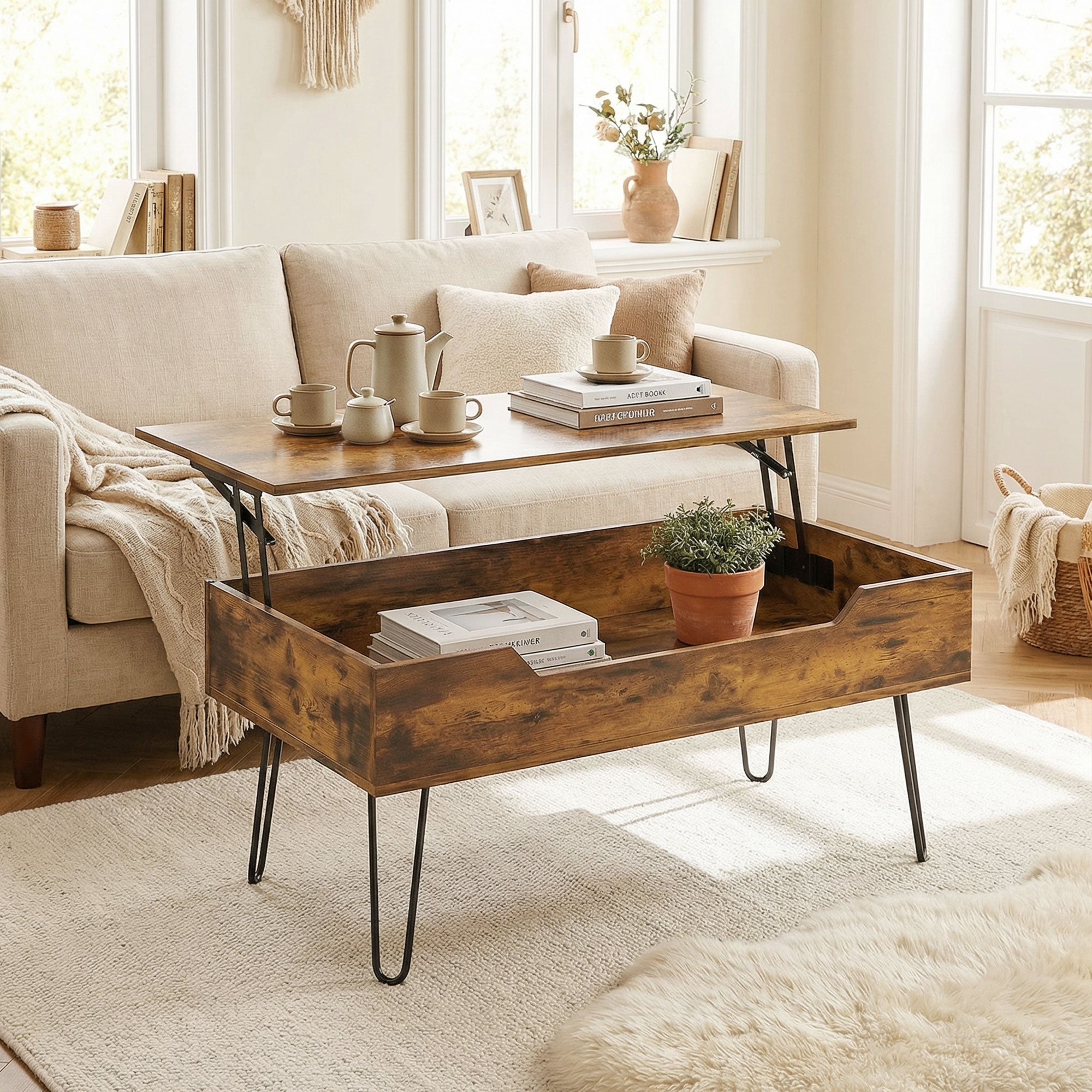 Table Basse Rectangulaire en Bois avec Grand Rangement Caché, Hauteur Réglable, Table de Salon Industrielle avec Pieds en Métal, pour Chambre, Séjour, Bureau, 95 x 50 x 40 cm, Marron Rustique