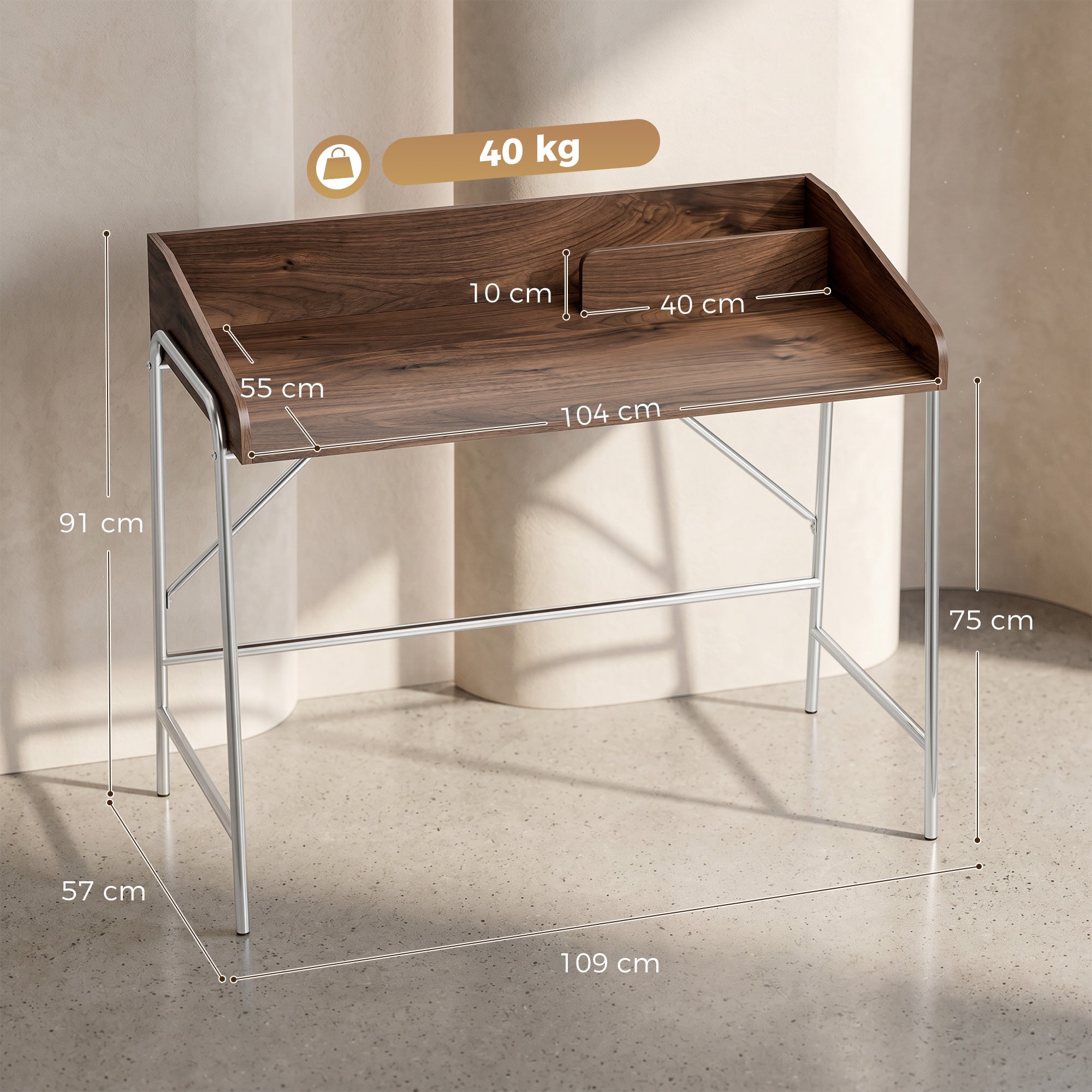 Bureau, bureau d'ordinateur 109 cm avec rebord de sécurité et structure en métal, facile à monter, table d'ordinateur moderne pour petit espace, travail à domicile ou étude, noyer