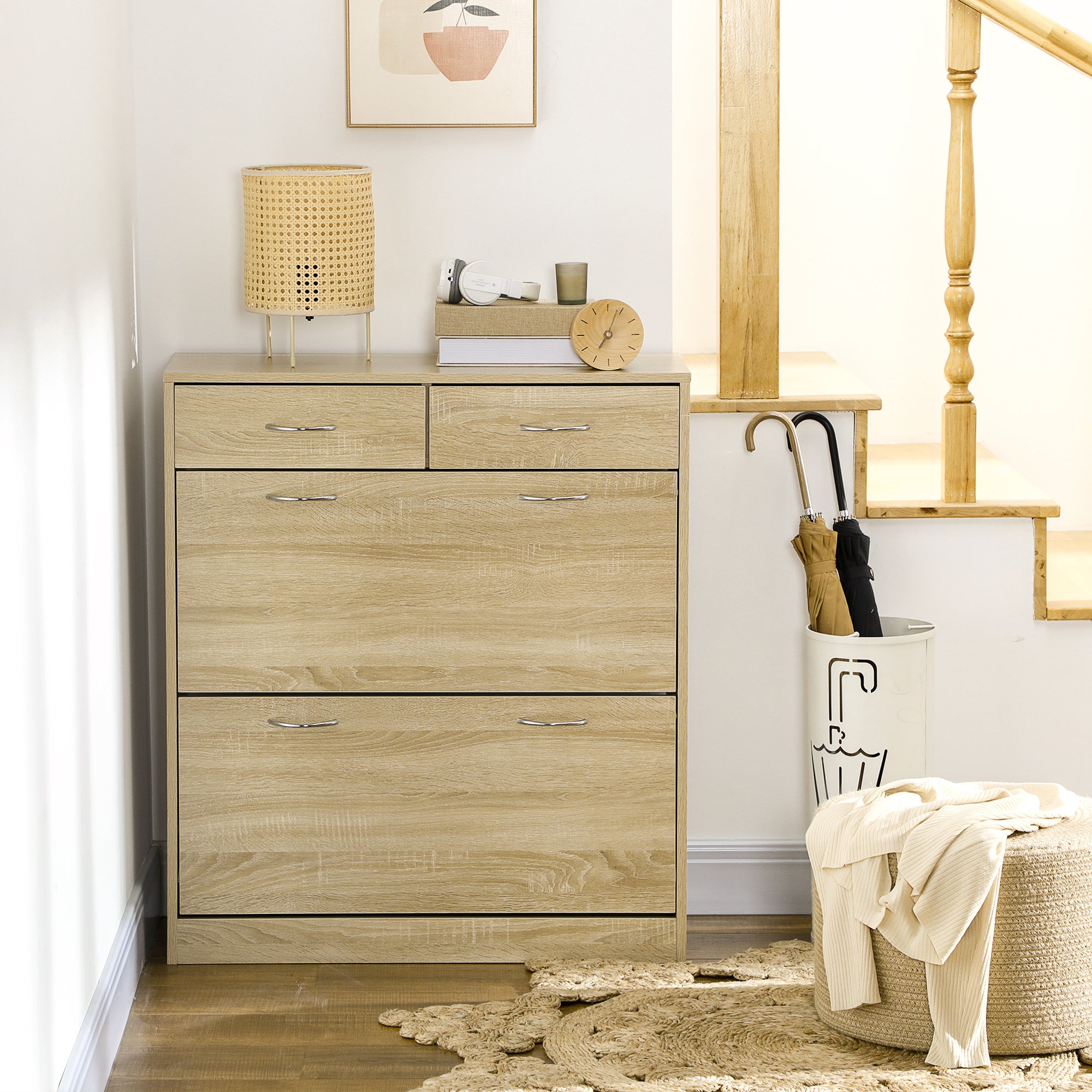 Meuble à chaussures armoire à chaussures - 2 tiroirs et 2 portes abattantes avec étagère réglable - 80 x 30 x 91,5 cm - poignées alu. naturel