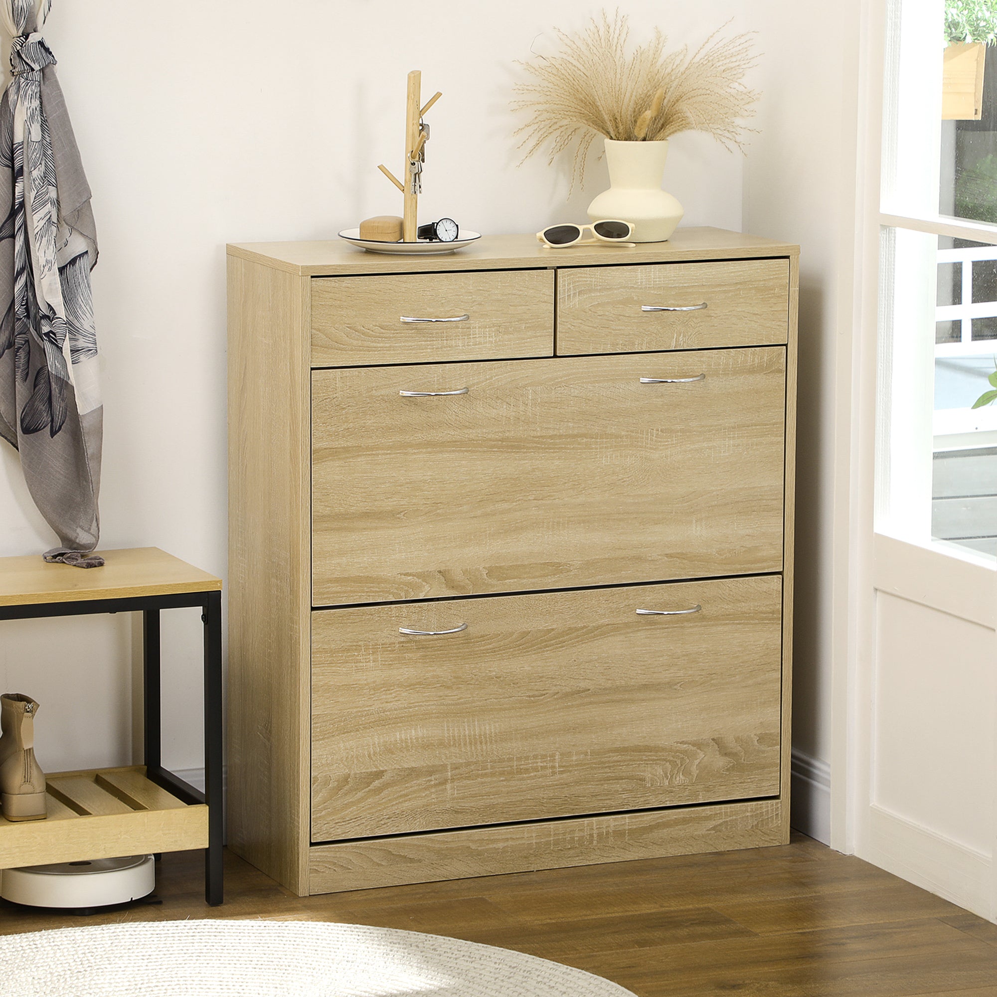 Meuble à chaussures armoire à chaussures - 2 tiroirs et 2 portes abattantes avec étagère réglable - 80 x 30 x 91,5 cm - poignées alu. naturel