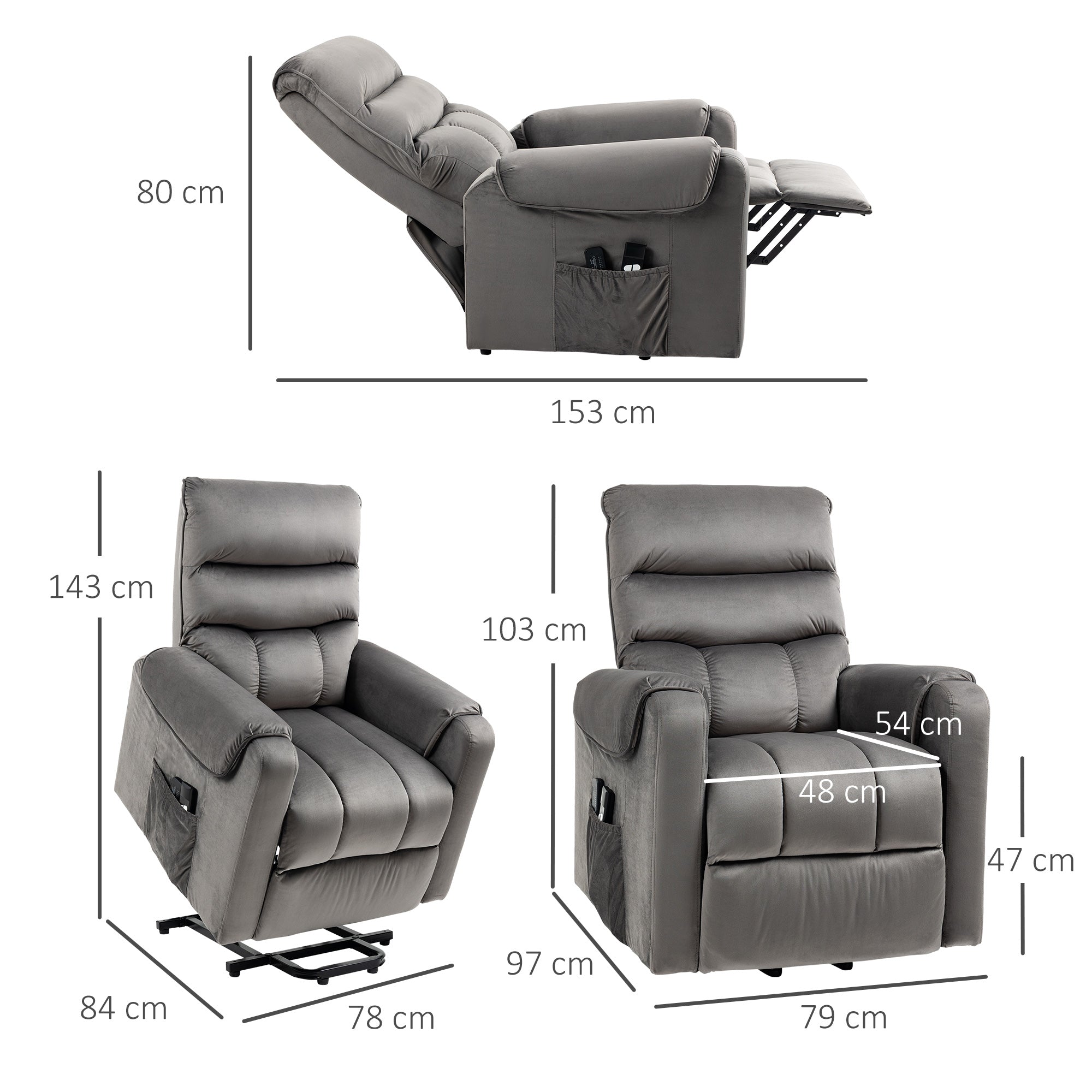 Fauteuil releveur fauteuil de relaxation électrique massant inclinable structure en acier revêtement en velours avec repose-pied 2 télécommandes pochette latérale 79 x 97 x 103 cm gris