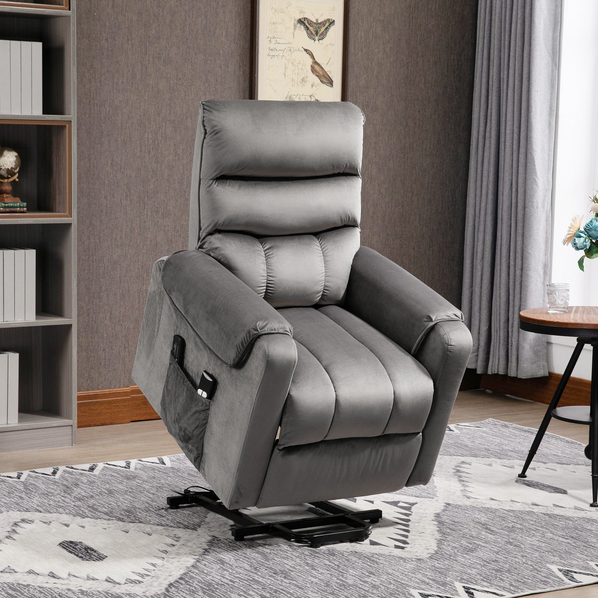 Fauteuil releveur fauteuil de relaxation électrique massant inclinable structure en acier revêtement en velours avec repose-pied 2 télécommandes pochette latérale 79 x 97 x 103 cm gris