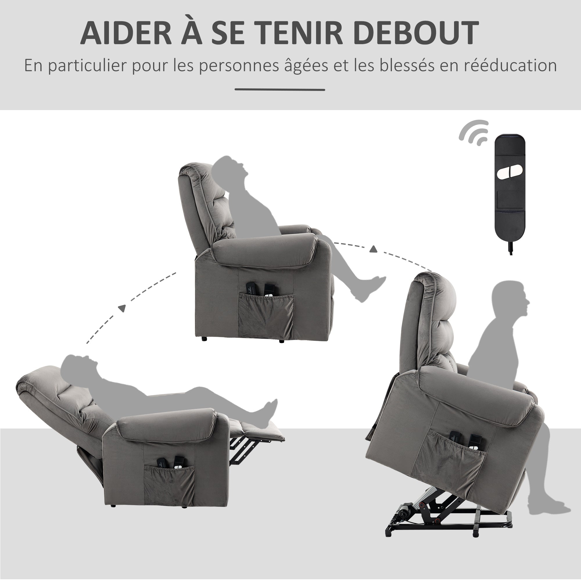 Fauteuil releveur fauteuil de relaxation électrique massant inclinable structure en acier revêtement en velours avec repose-pied 2 télécommandes pochette latérale 79 x 97 x 103 cm gris