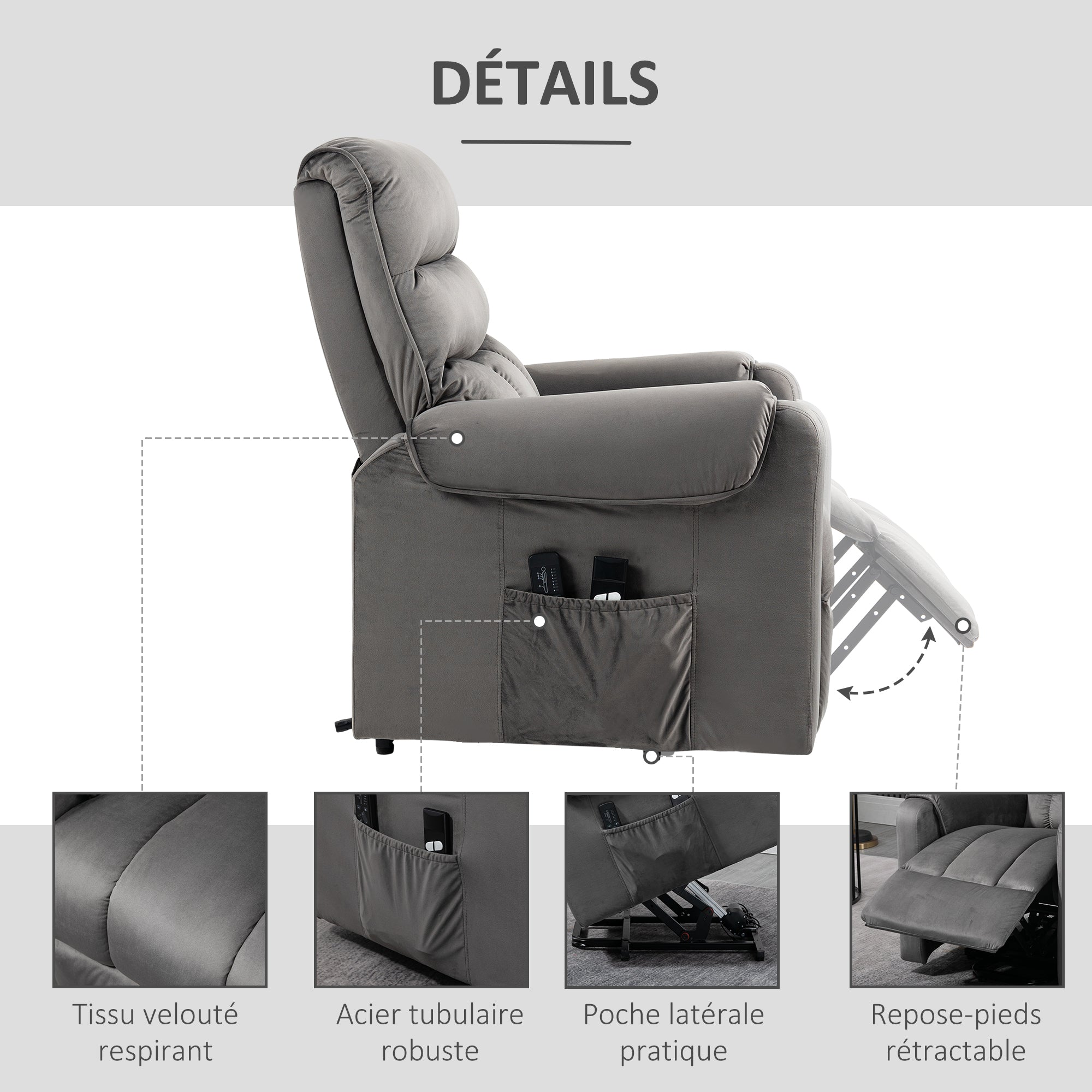 Fauteuil releveur fauteuil de relaxation électrique massant inclinable structure en acier revêtement en velours avec repose-pied 2 télécommandes pochette latérale 79 x 97 x 103 cm gris