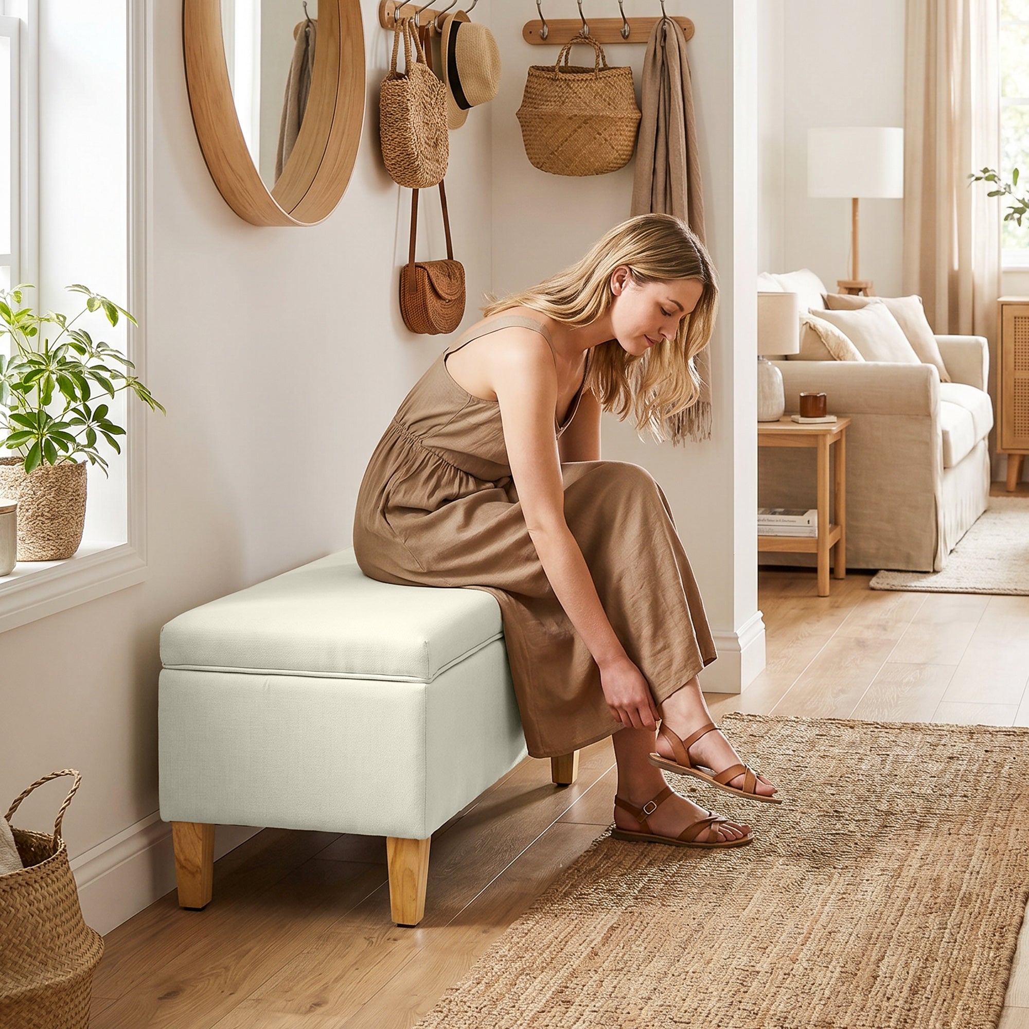 Banc de rangement, bout de lit, repose-pieds rembourré en lin avec pieds en bois de caoutchouc, pour salon, chambre, entrée, 71 x 37 x 36 cm, beige