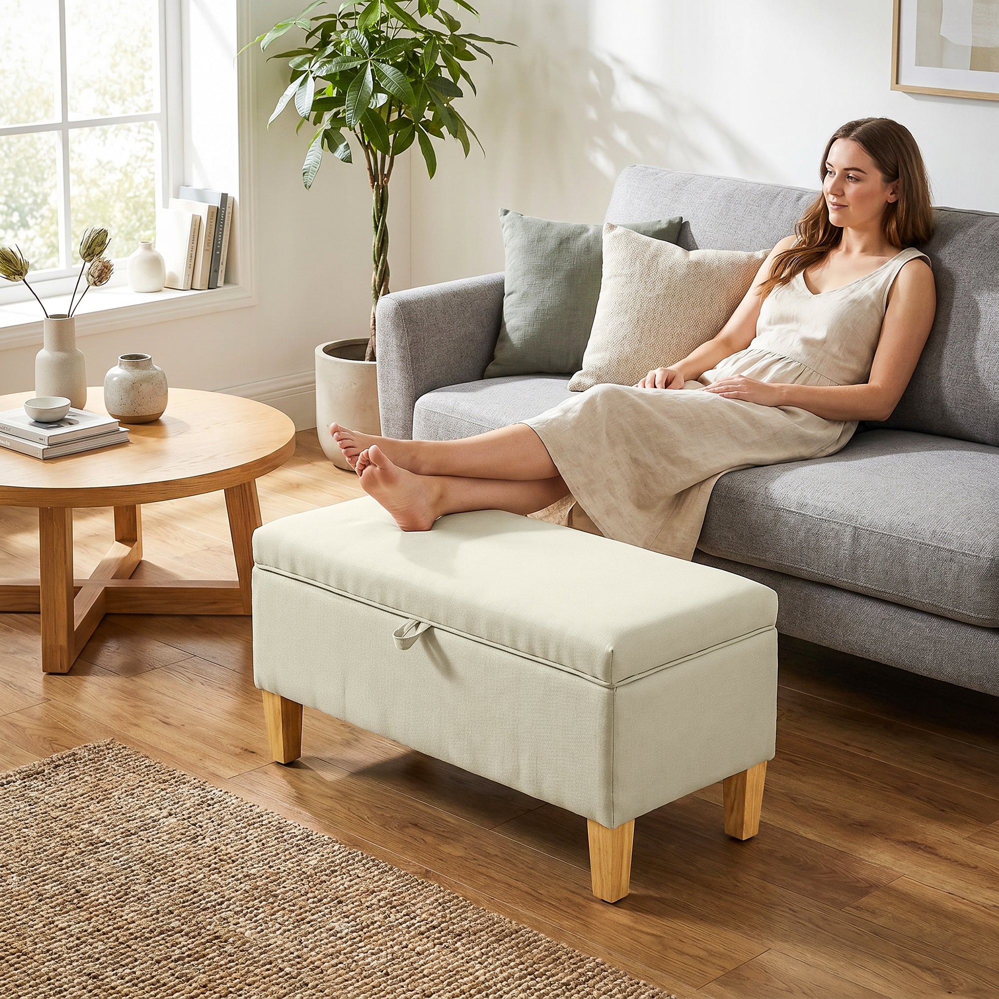 Banc de rangement, bout de lit, repose-pieds rembourré en lin avec pieds en bois de caoutchouc, pour salon, chambre, entrée, 71 x 37 x 36 cm, beige