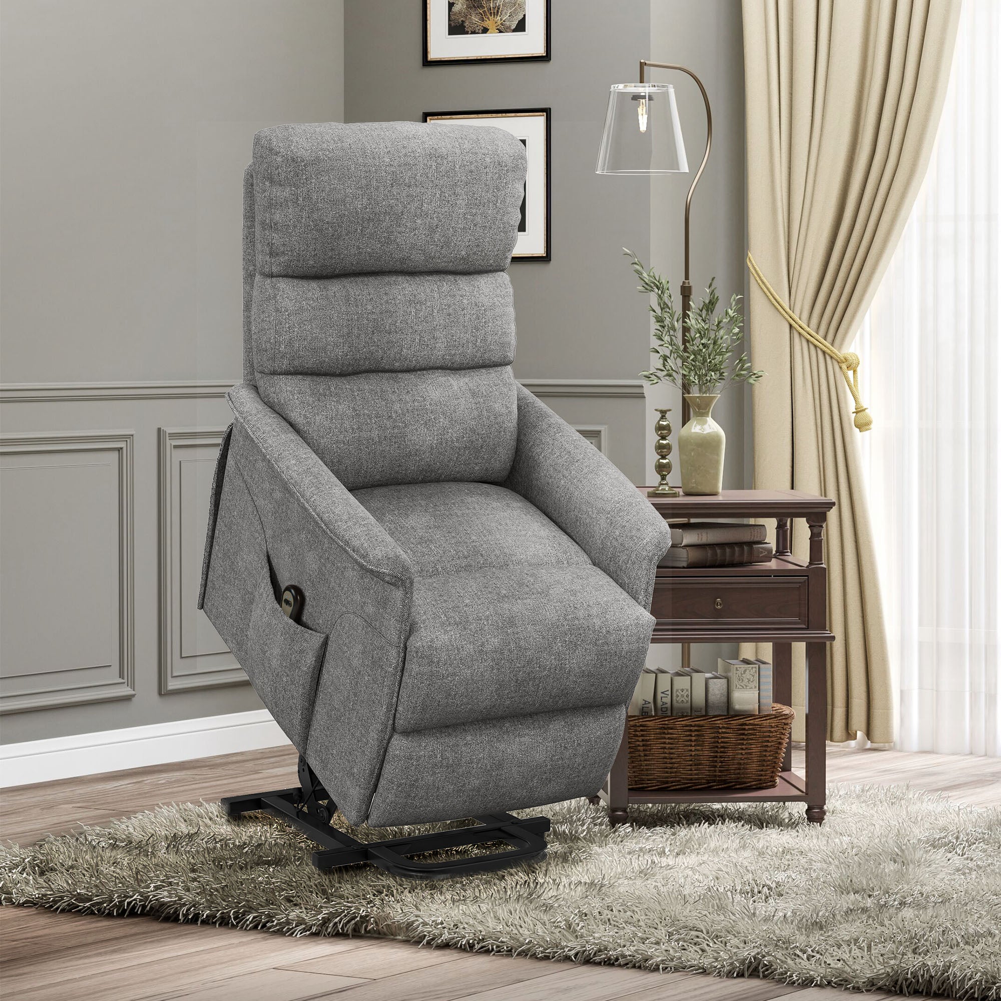 Fauteuil releveur électrique Fauteuil de Relaxation inclinable avec Repose-Pied, télécommande, Pochette, Tissu de Lin, Gris