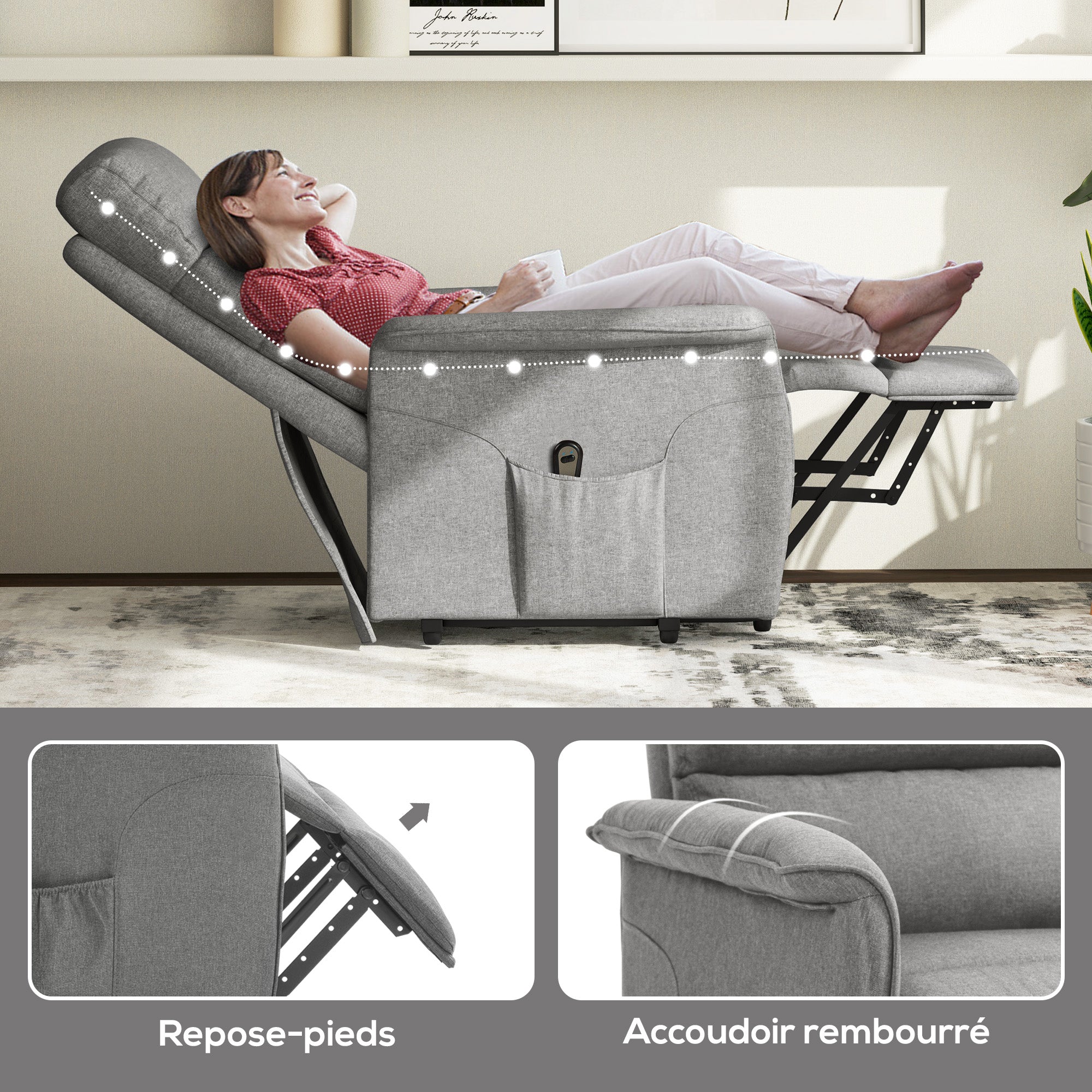 Fauteuil releveur électrique Fauteuil de Relaxation inclinable avec Repose-Pied, télécommande, Pochette, Tissu de Lin, Gris