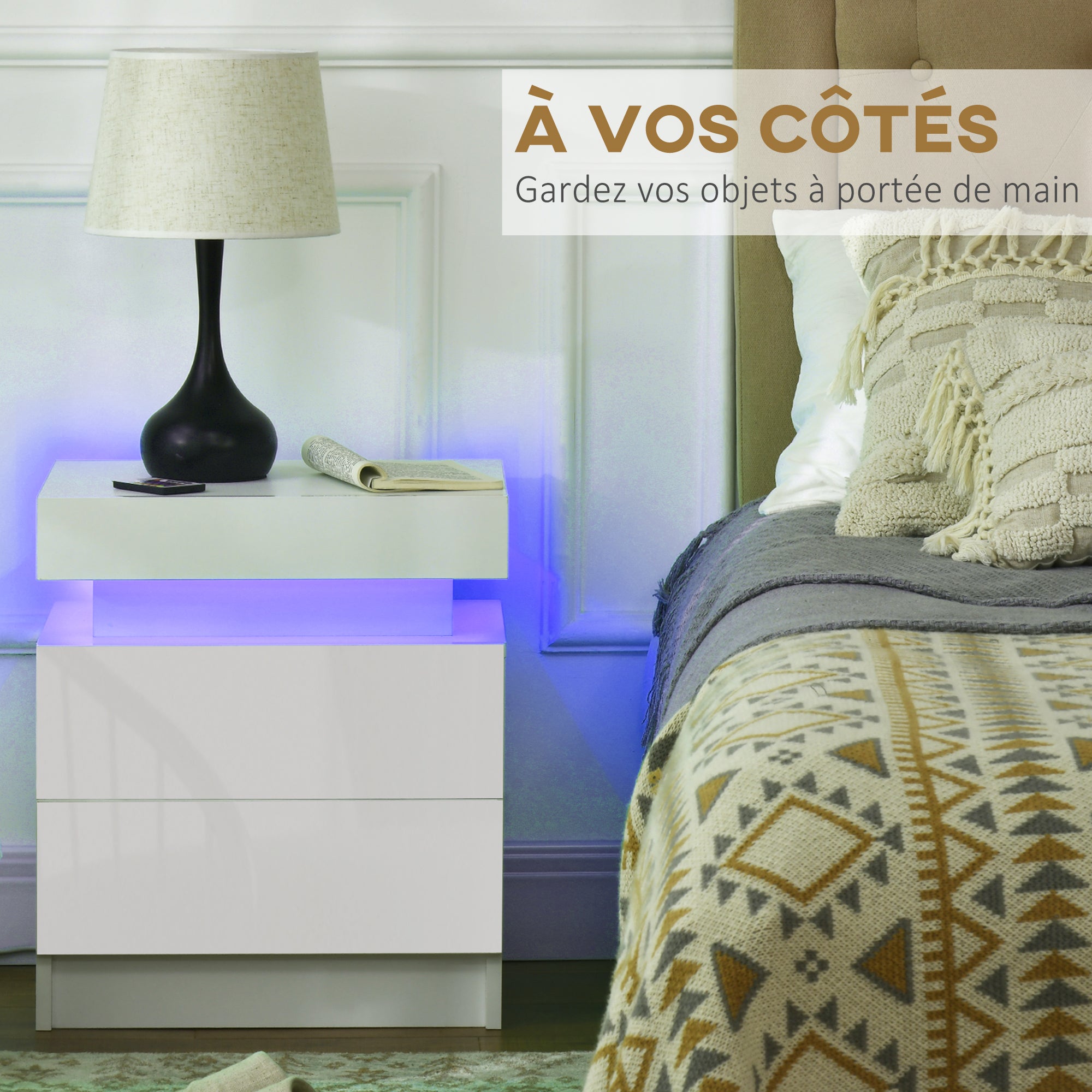 Table de chevet, table de nuit, avec lumière LED RVB, panneau haute brillance, table d'appoint avec 2 tiroirs, pour salon, chambre à coucher, blanc