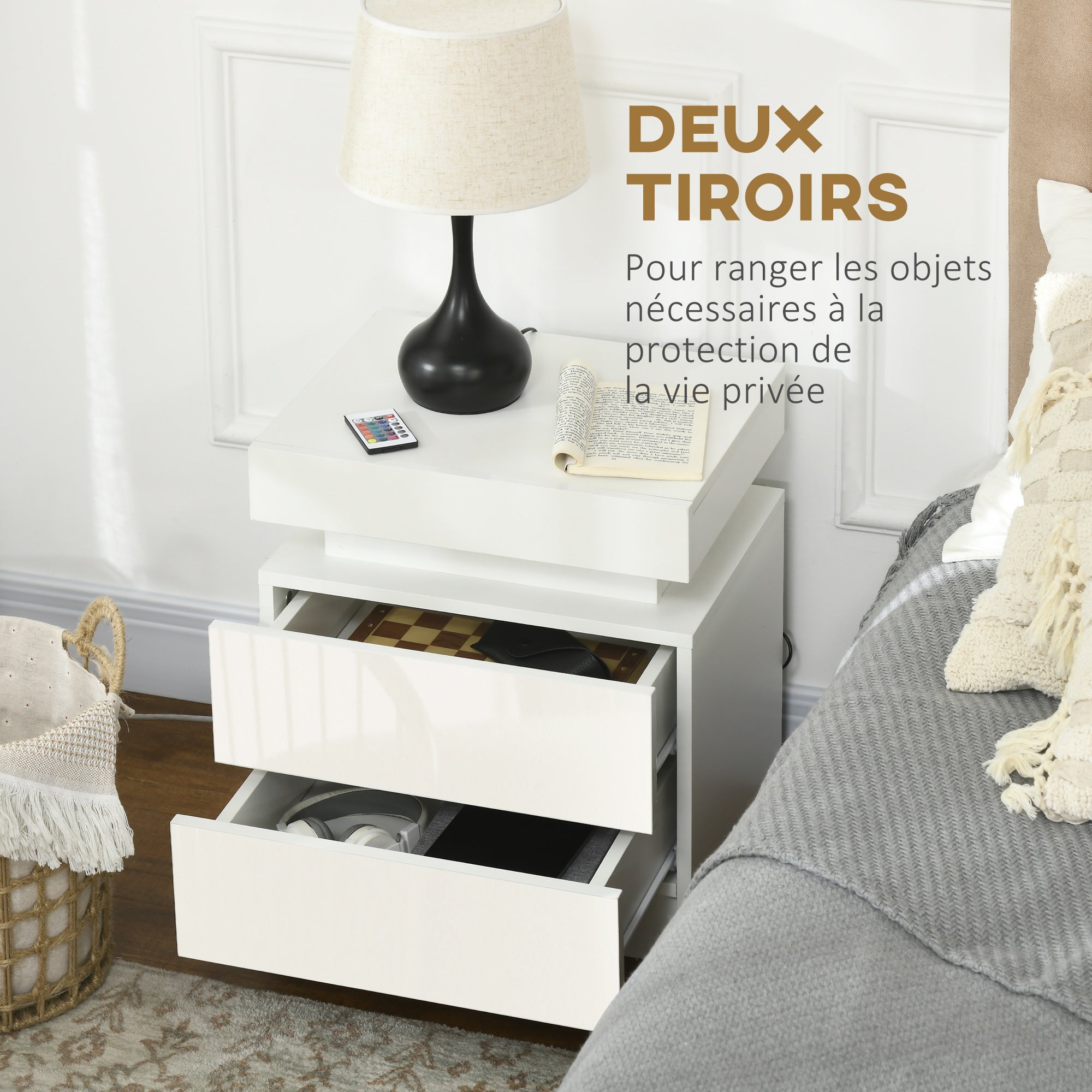 Table de chevet, table de nuit, avec lumière LED RVB, panneau haute brillance, table d'appoint avec 2 tiroirs, pour salon, chambre à coucher, blanc