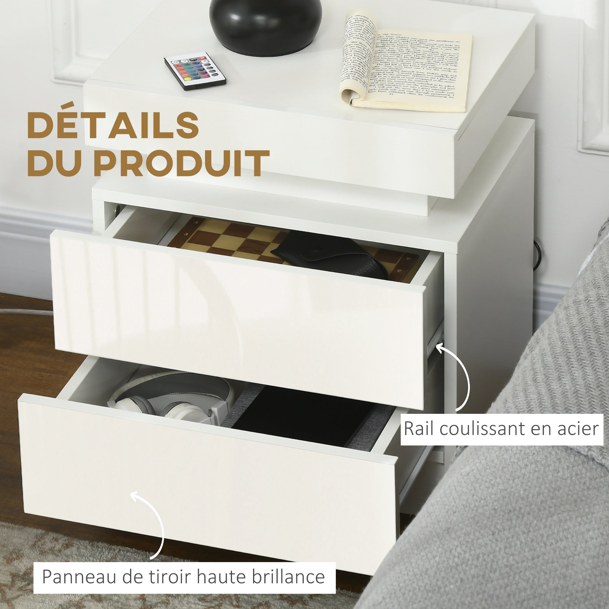 Table de chevet, table de nuit, avec lumière LED RVB, panneau haute brillance, table d'appoint avec 2 tiroirs, pour salon, chambre à coucher, blanc