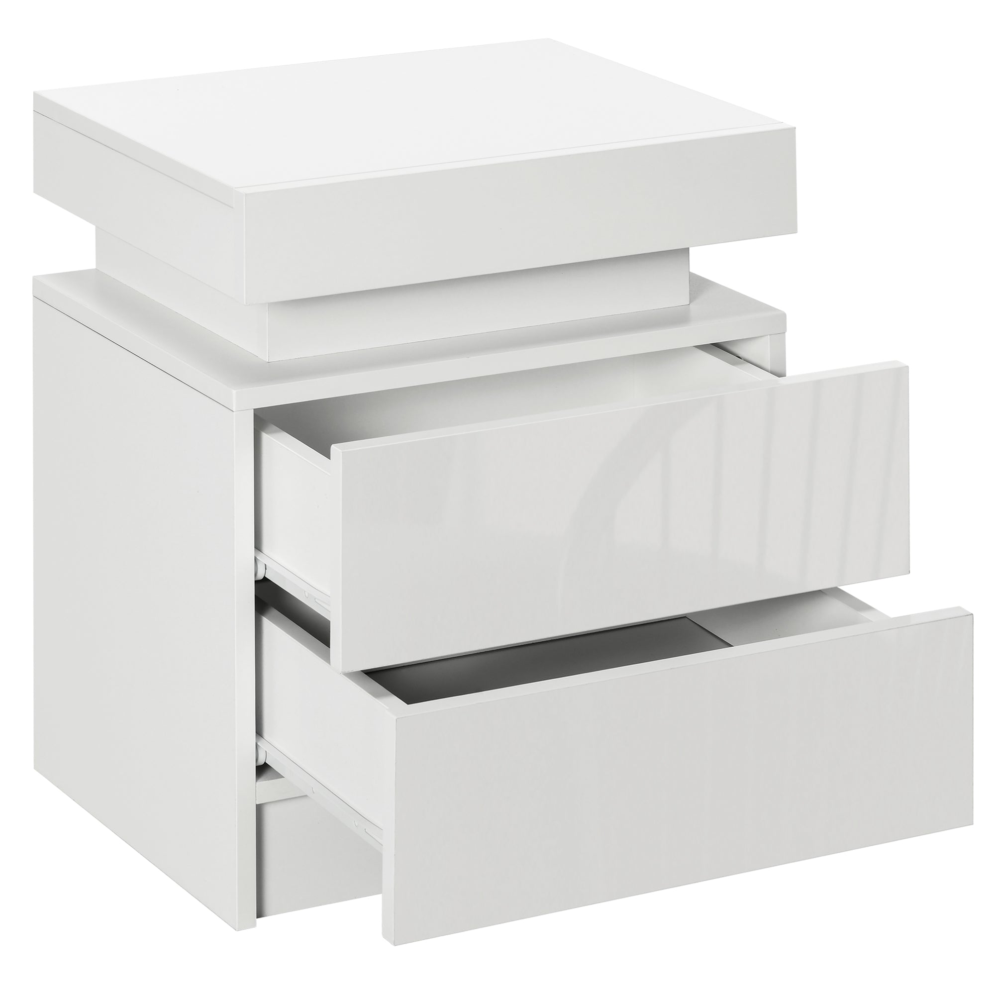 Table de chevet, table de nuit, avec lumière LED RVB, panneau haute brillance, table d'appoint avec 2 tiroirs, pour salon, chambre à coucher, blanc