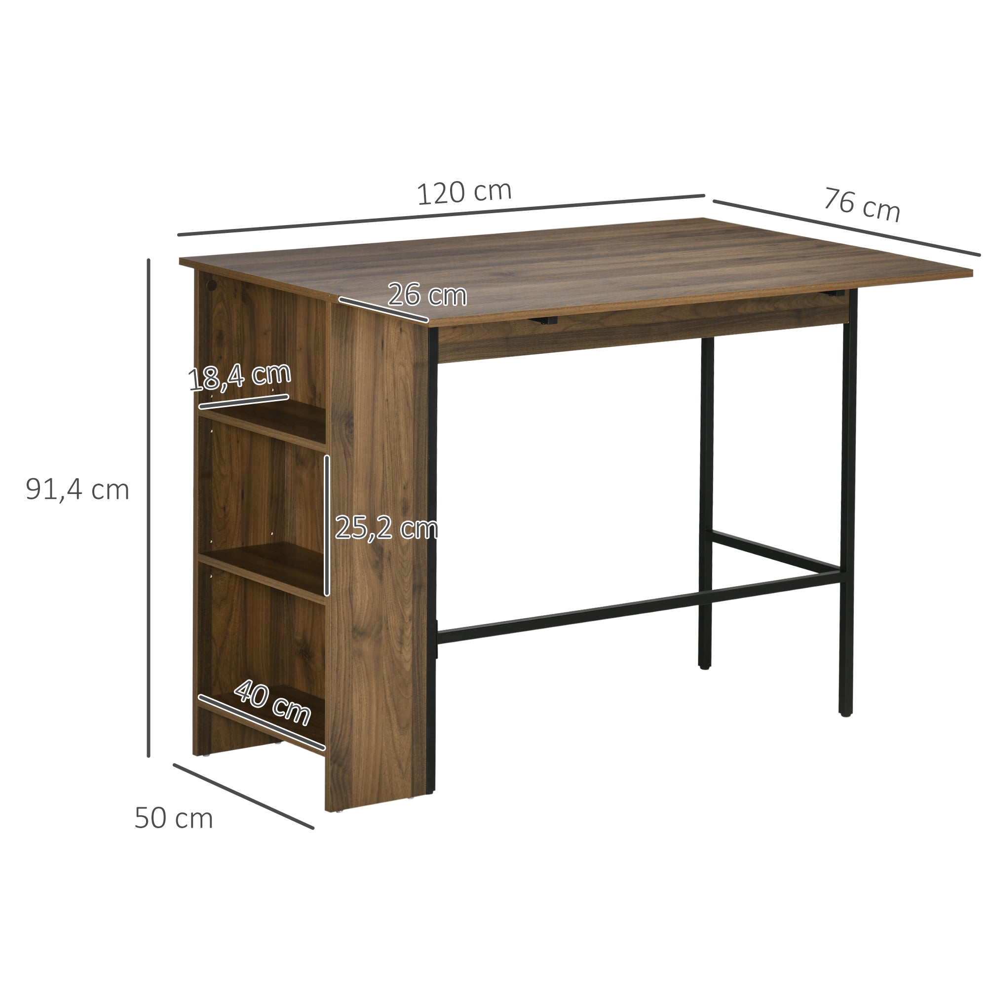 Table de bar avec rangement Table Bistrot Ilot central plateau latéral rabattable et 3 étagères - 120 x 76 x 91,4 cm marron