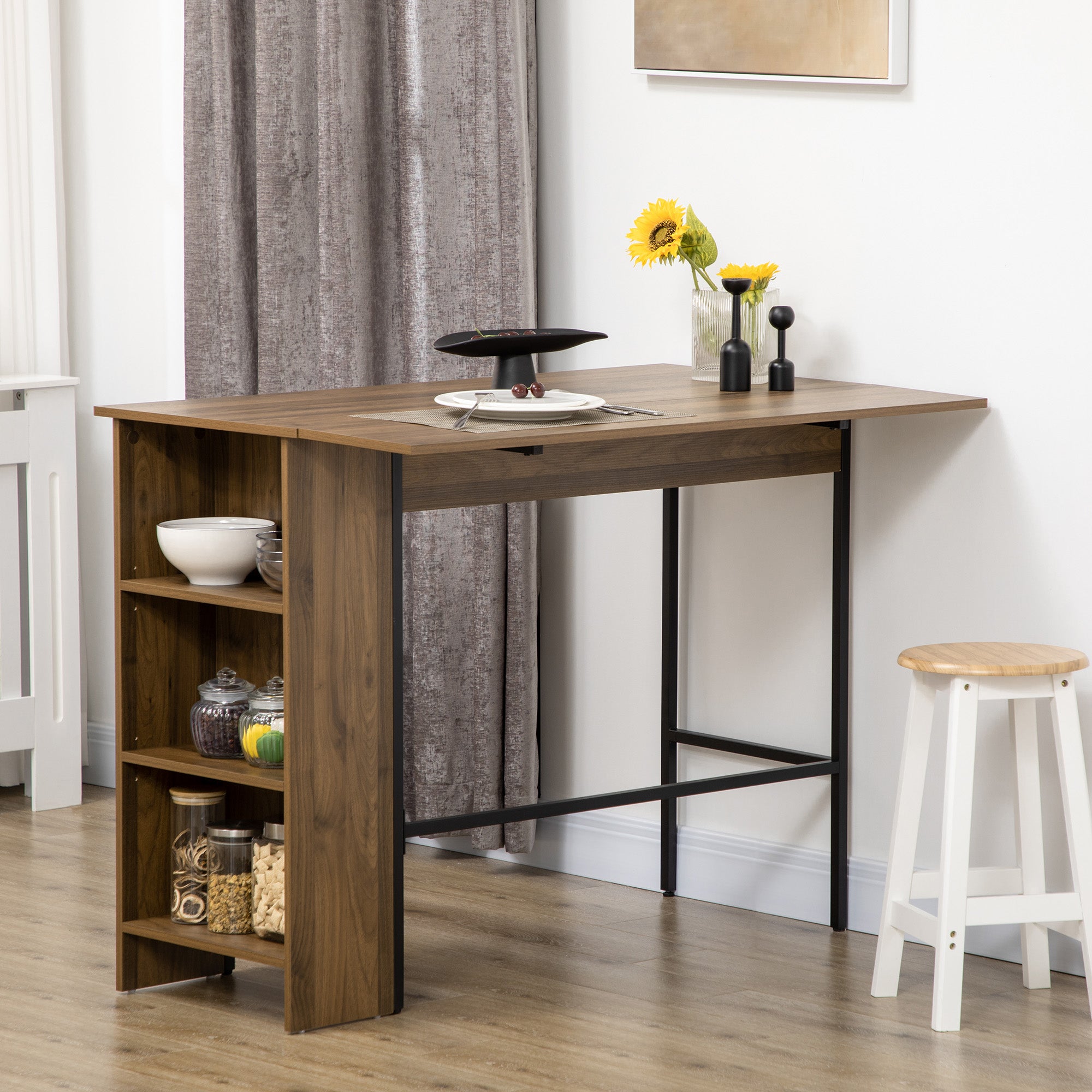 Table de bar avec rangement Table Bistrot Ilot central plateau latéral rabattable et 3 étagères - 120 x 76 x 91,4 cm marron