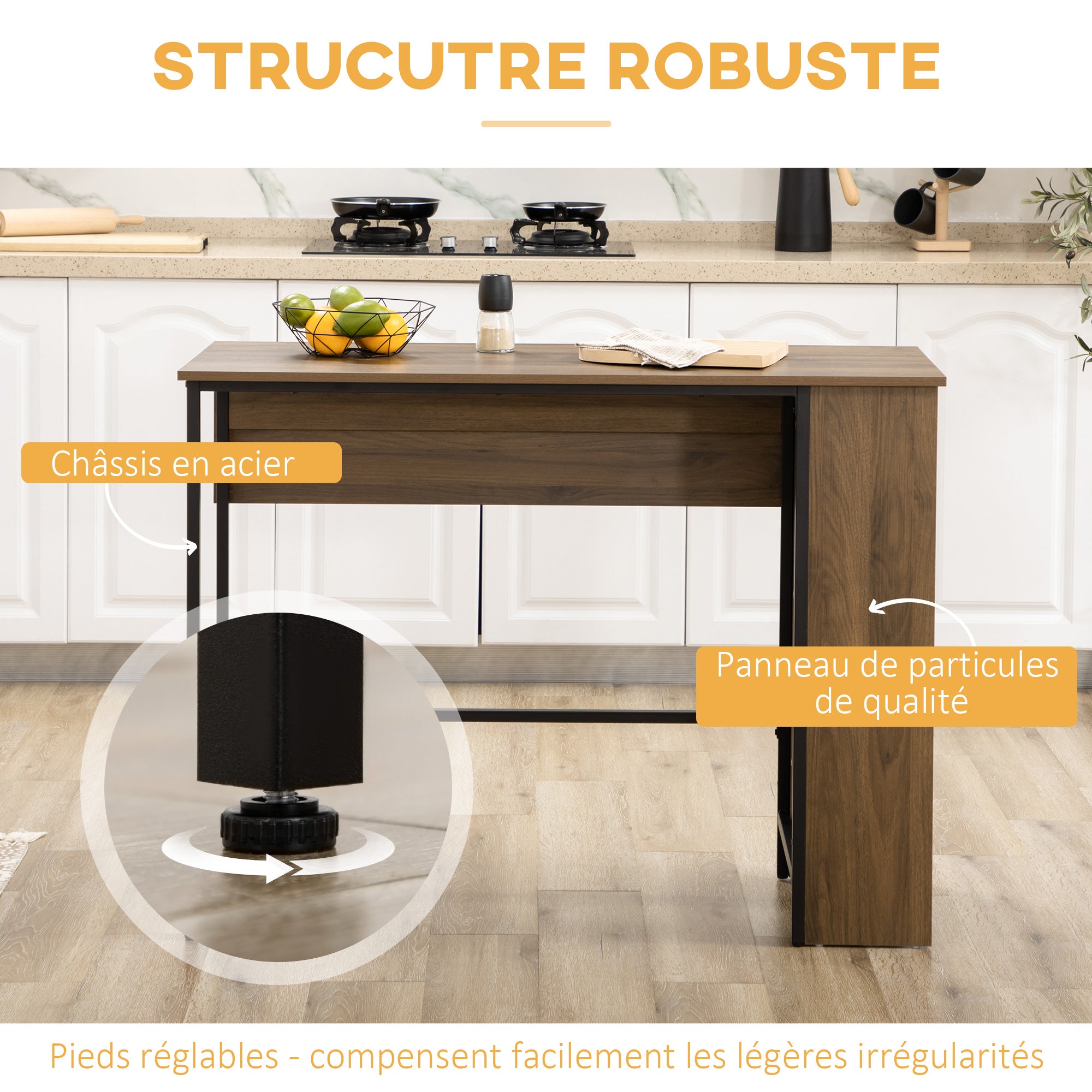 Table de bar avec rangement Table Bistrot Ilot central plateau latéral rabattable et 3 étagères - 120 x 76 x 91,4 cm marron