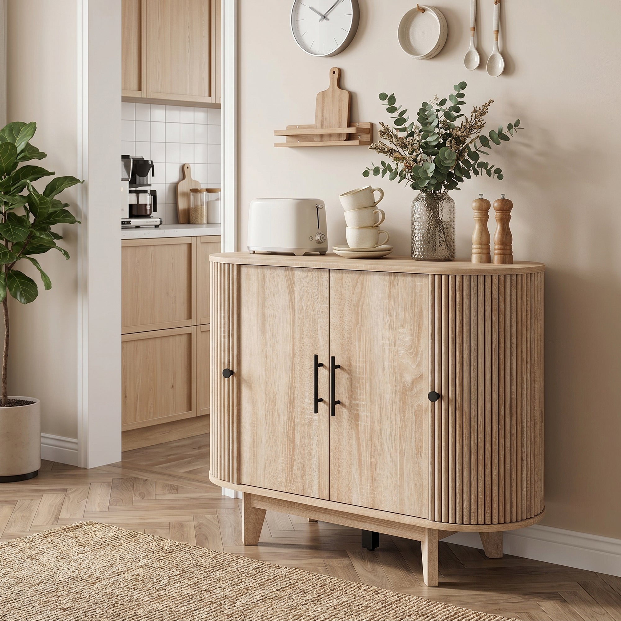 Buffet salon, meuble de rangement ovale avec 4 portes et étagères réglables, 5 pieds stables, style moderne, buffet salle à manger et cuisine, 90 x 40 x 76 cm, chêne
