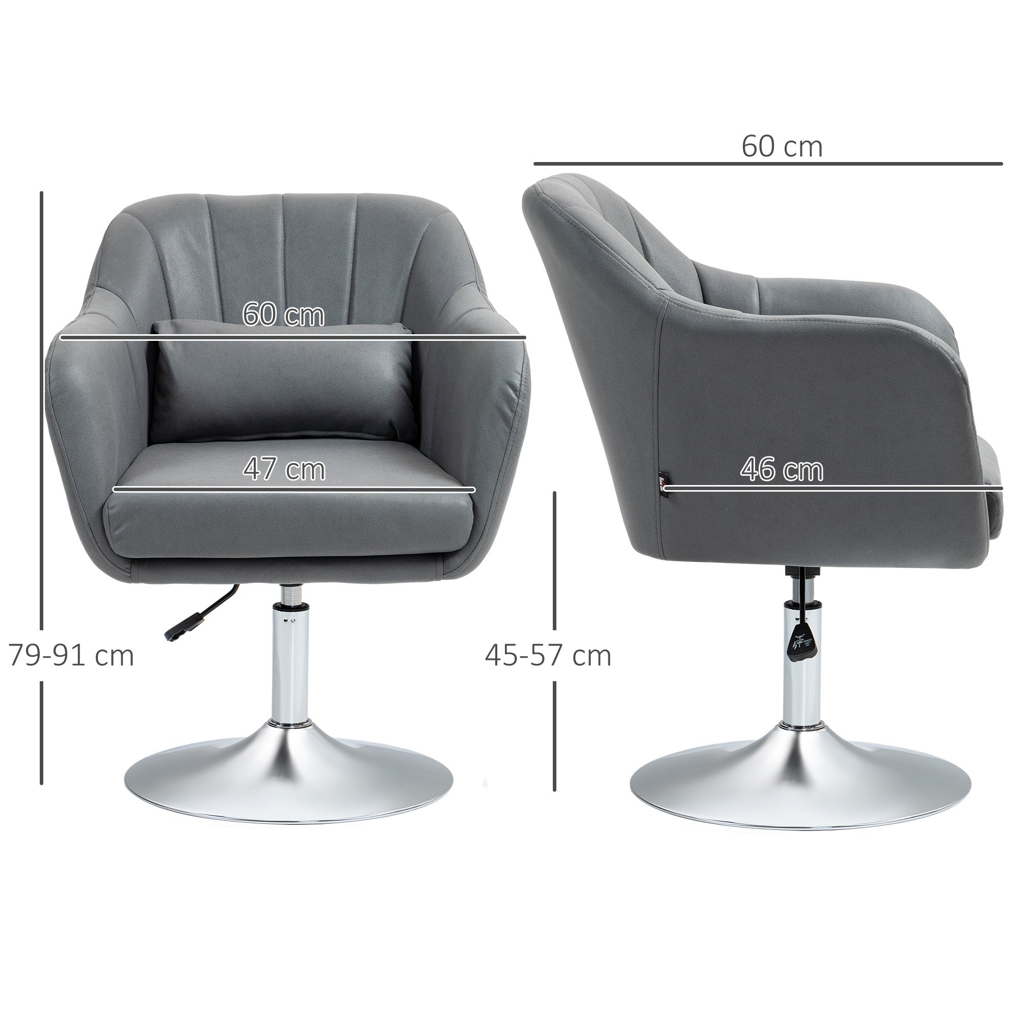 Fauteuil de salon chaise relax fauteuil de chambre grand confort - coussins lombaires hauteur réglable pivotant 360° piètement en métal chromé - gris foncé