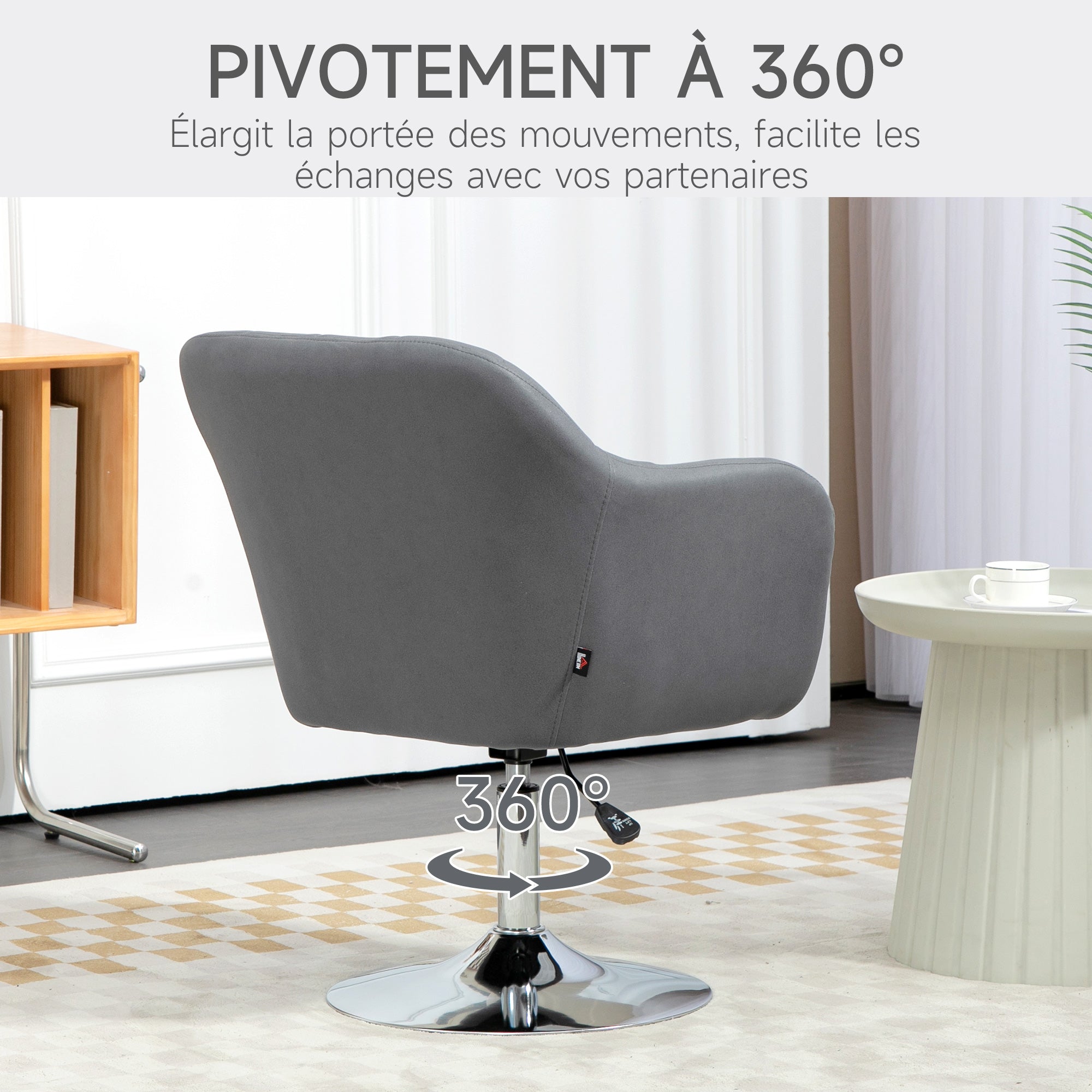 Fauteuil de salon chaise relax fauteuil de chambre grand confort - coussins lombaires hauteur réglable pivotant 360° piètement en métal chromé - gris foncé