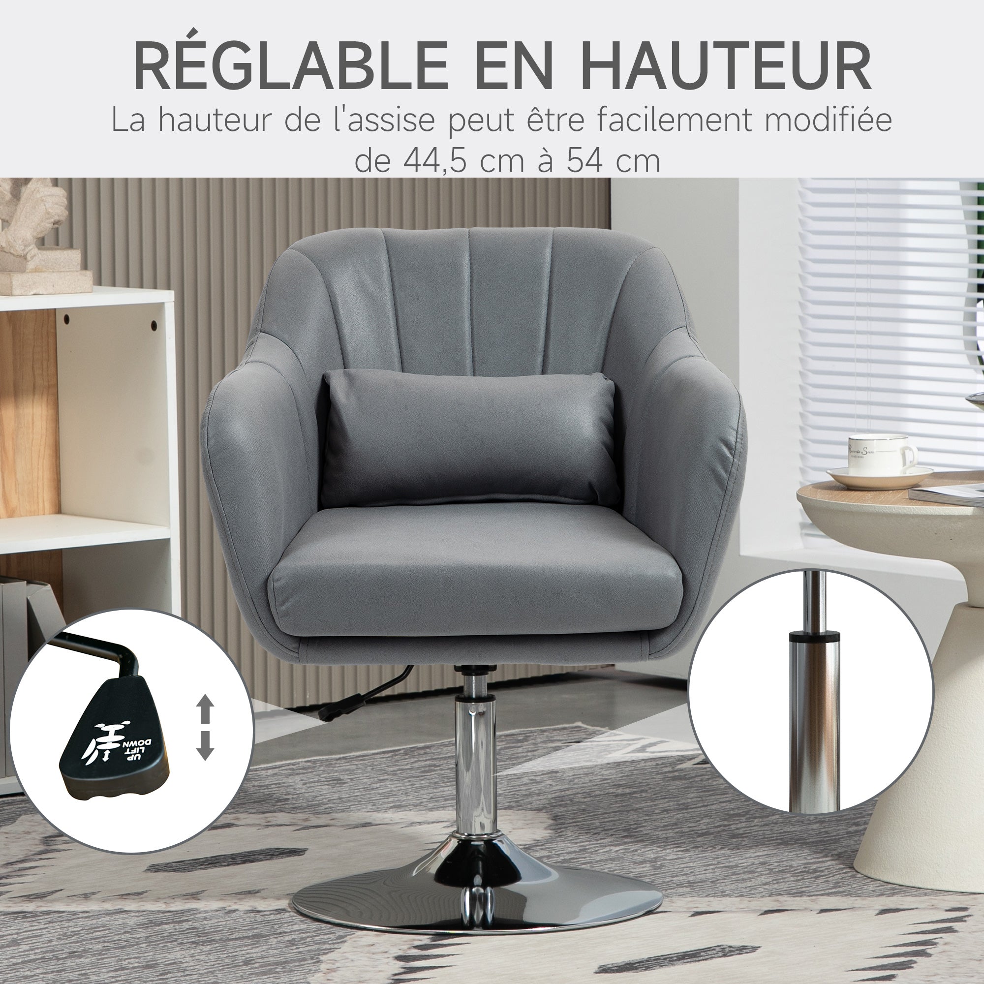 Fauteuil de salon chaise relax fauteuil de chambre grand confort - coussins lombaires hauteur réglable pivotant 360° piètement en métal chromé - gris foncé