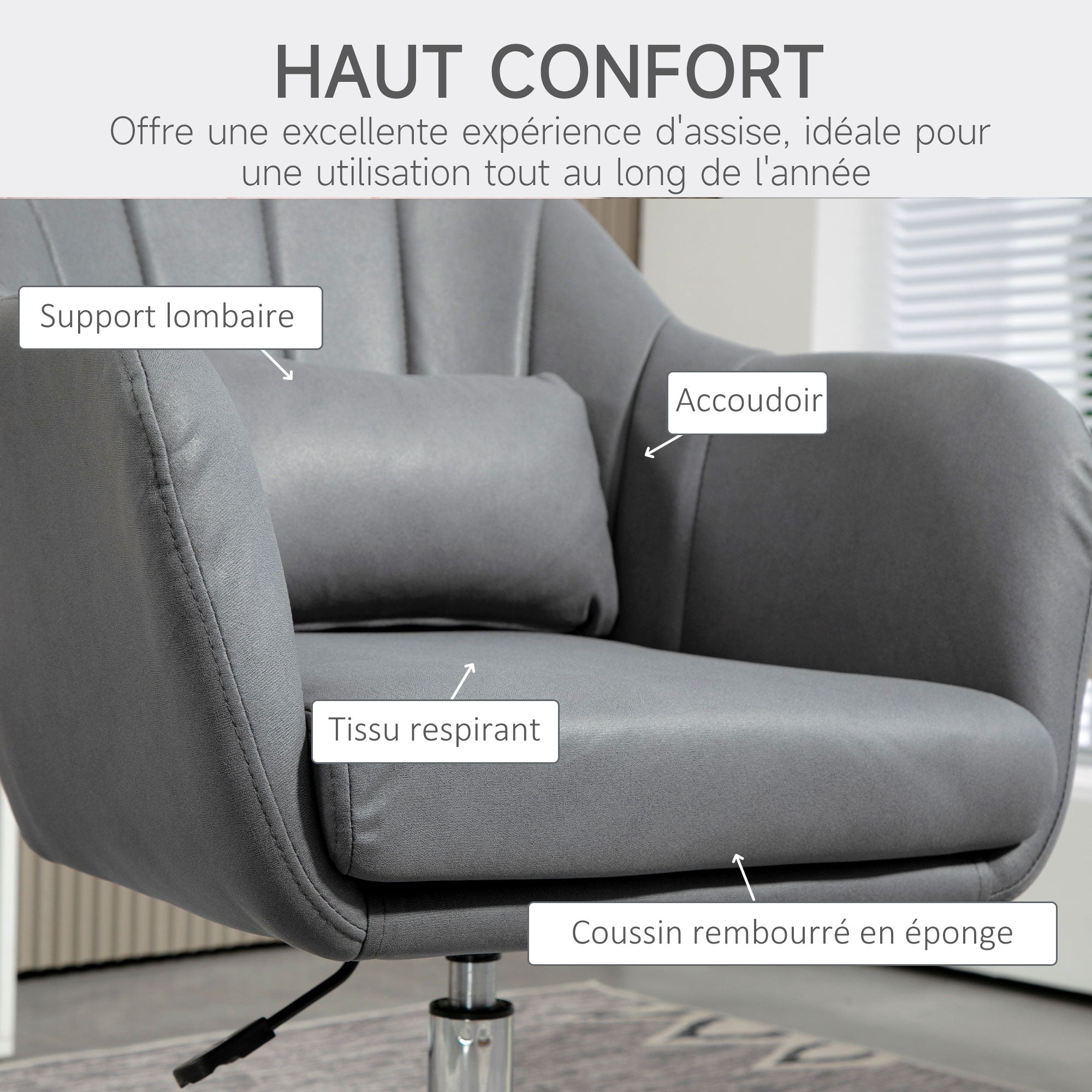 Fauteuil de salon chaise relax fauteuil de chambre grand confort - coussins lombaires hauteur réglable pivotant 360° piètement en métal chromé - gris foncé