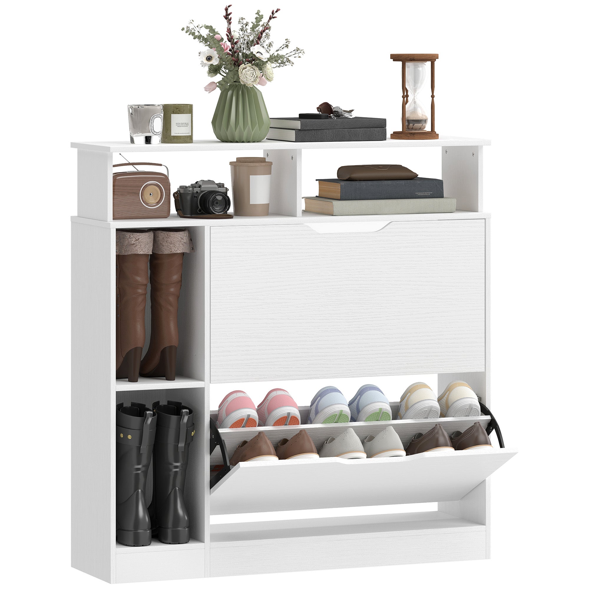 Meuble à Chaussures, Armoire à Chaussures Étroite avec 2 Tiroirs Rabattables, Compartiments Ouverts et Étagère Réglable, pour Couloir et Entrée, 89 x 25 x 92 cm, Blanc