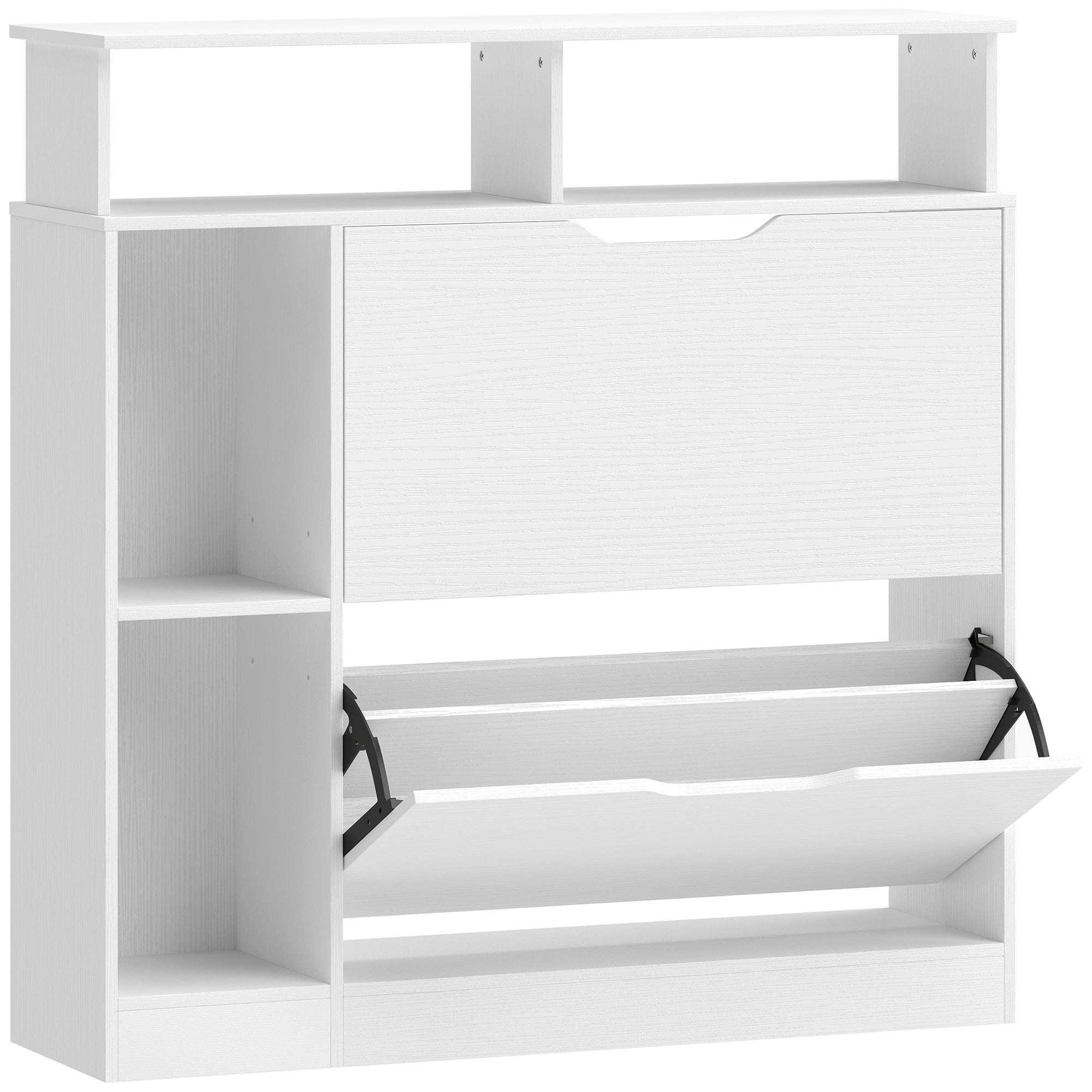 Meuble à Chaussures, Armoire à Chaussures Étroite avec 2 Tiroirs Rabattables, Compartiments Ouverts et Étagère Réglable, pour Couloir et Entrée, 89 x 25 x 92 cm, Blanc