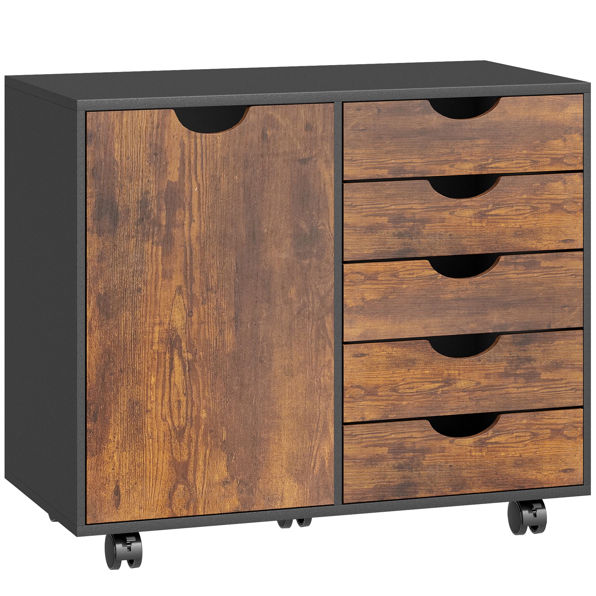 Caisson de bureau mobile avec 5 tiroirs et 1 porte, étagère réglable, meuble rangement bureau, caisson de rangement sur roulettes, pour documents et papeterie, 78 x 40 x 66,5 cm, brun rustique