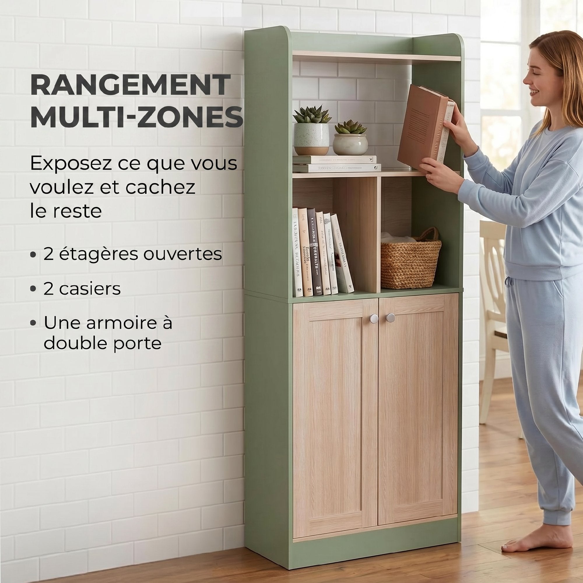 Bibliothèque à 5 niveaux, meuble de rangement, étagère à livres 60 x 30 x 161,2 cm avec 2 portes, étagère de rangement pour salon, chambre, bureau, vert et bois naturel