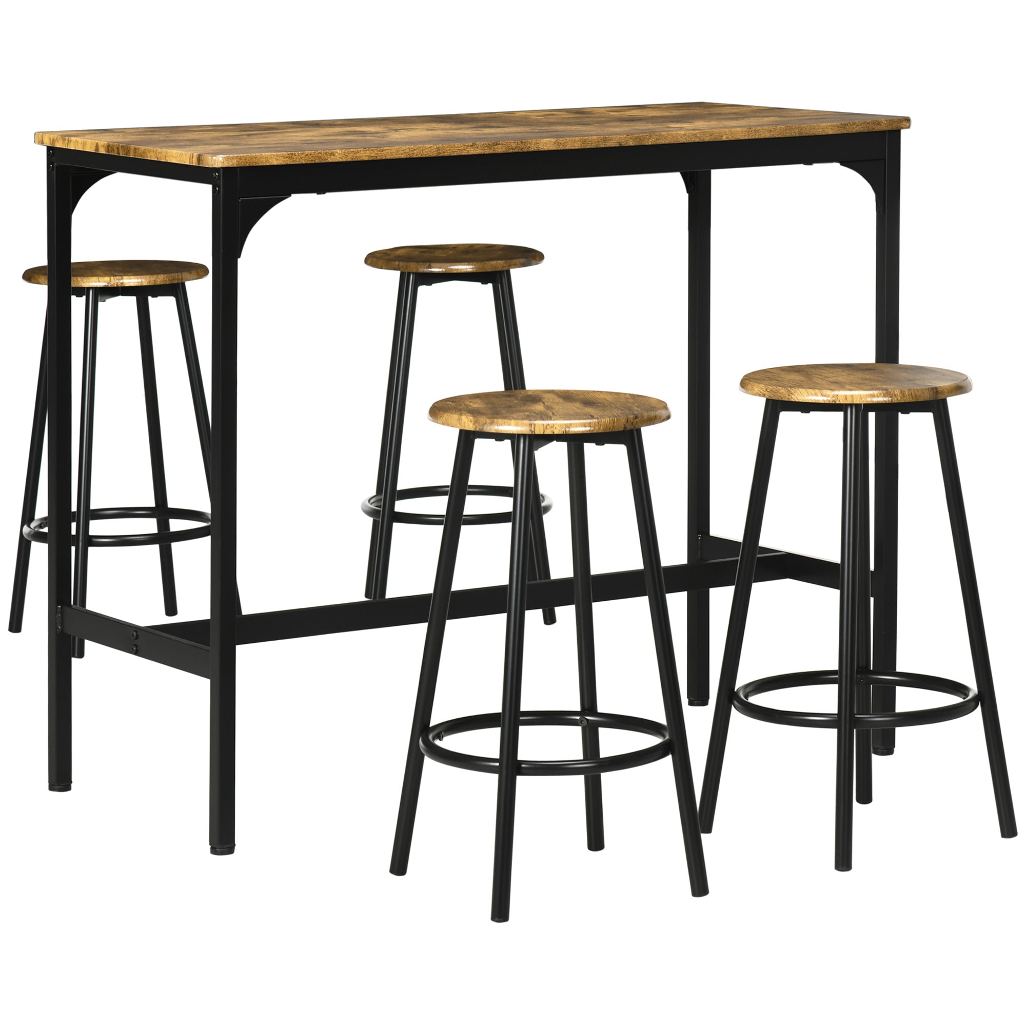 Ensemble table de bar bistrot avec 4 tabourets de bar, ensemble table haute cuisine et tabourets, avec repose-pieds, style moderne, structutre en métal, pour cuisine, salle à manger, marron