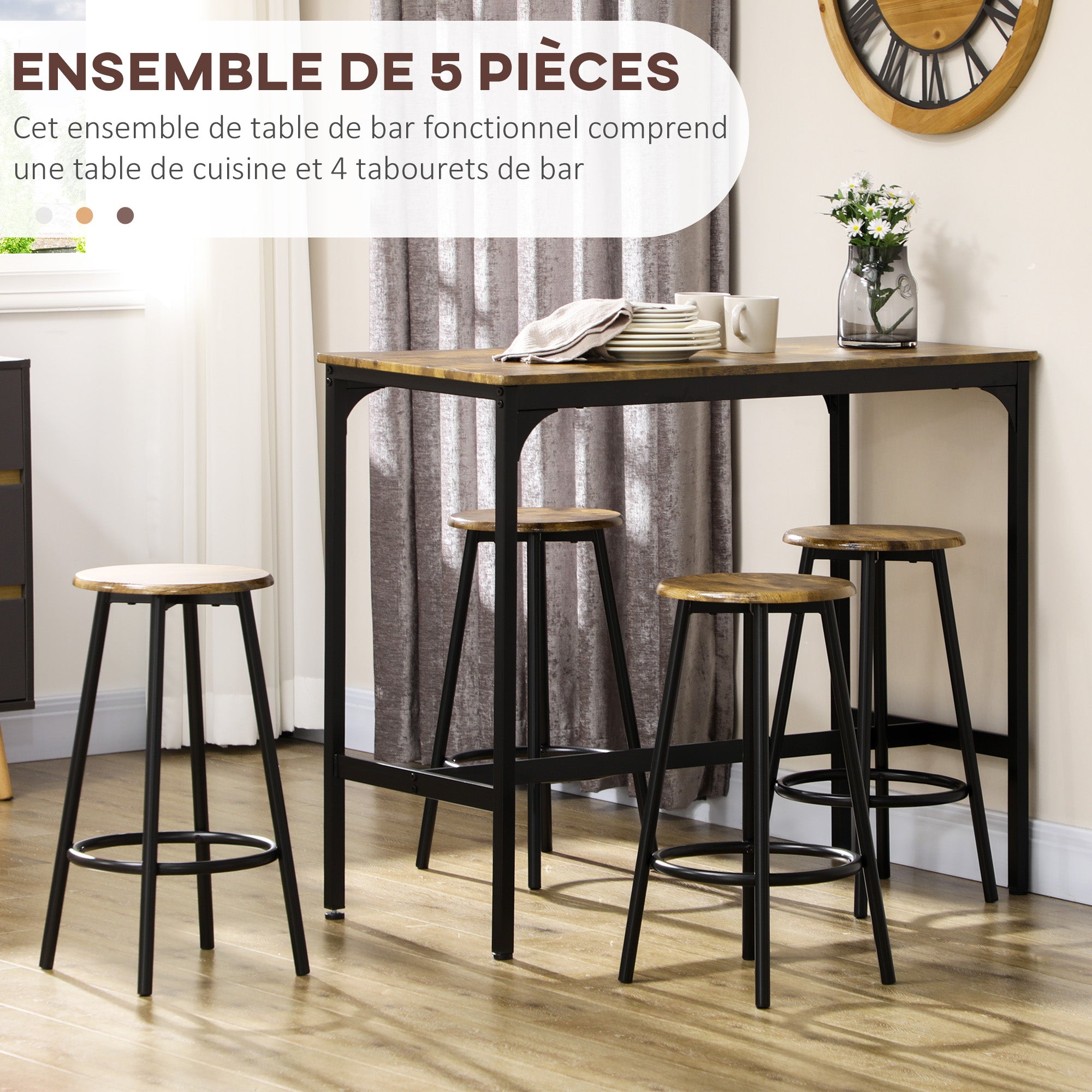 Ensemble table de bar bistrot avec 4 tabourets de bar, ensemble table haute cuisine et tabourets, avec repose-pieds, style moderne, structutre en métal, pour cuisine, salle à manger, marron
