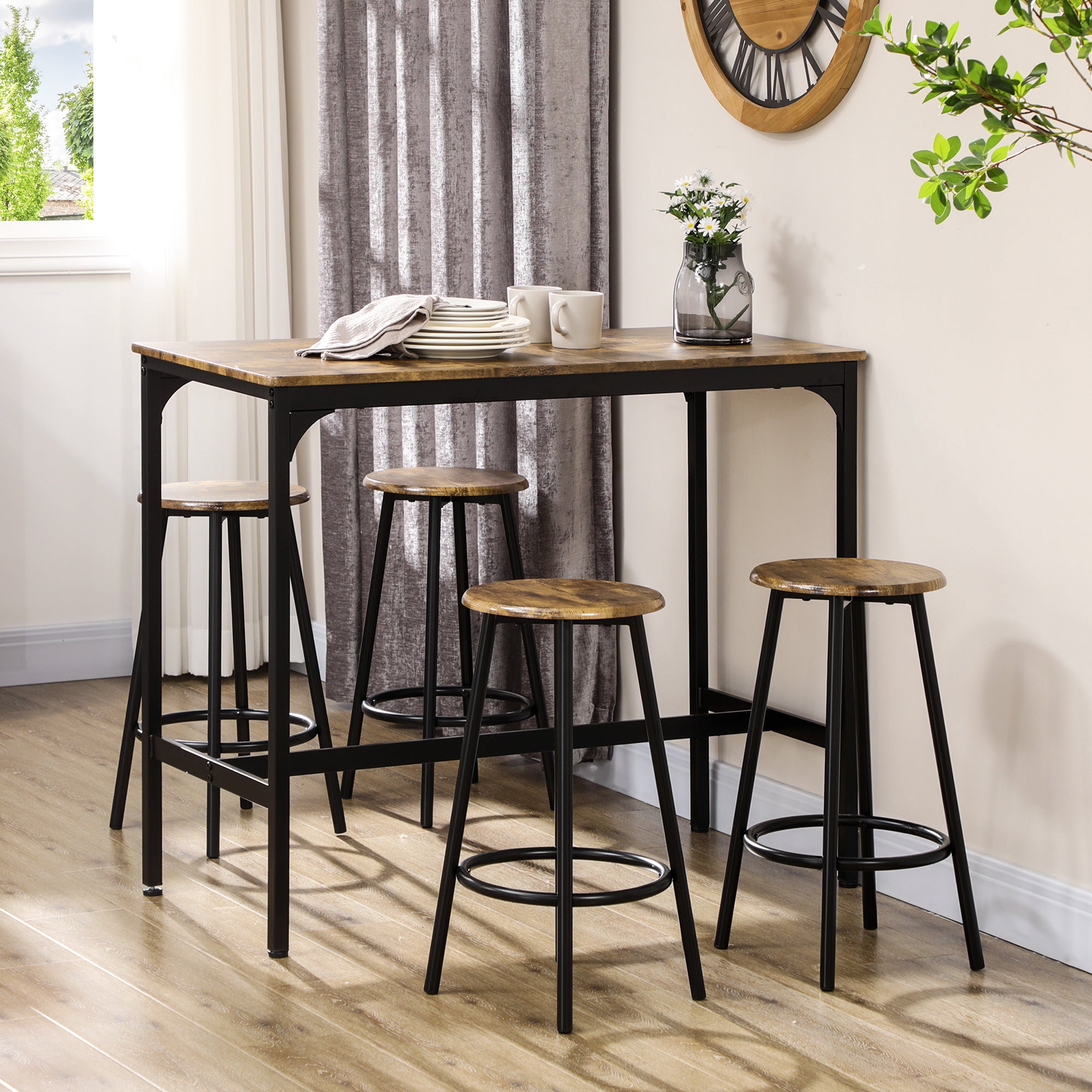 Ensemble table de bar bistrot avec 4 tabourets de bar, ensemble table haute cuisine et tabourets, avec repose-pieds, style moderne, structutre en métal, pour cuisine, salle à manger, marron