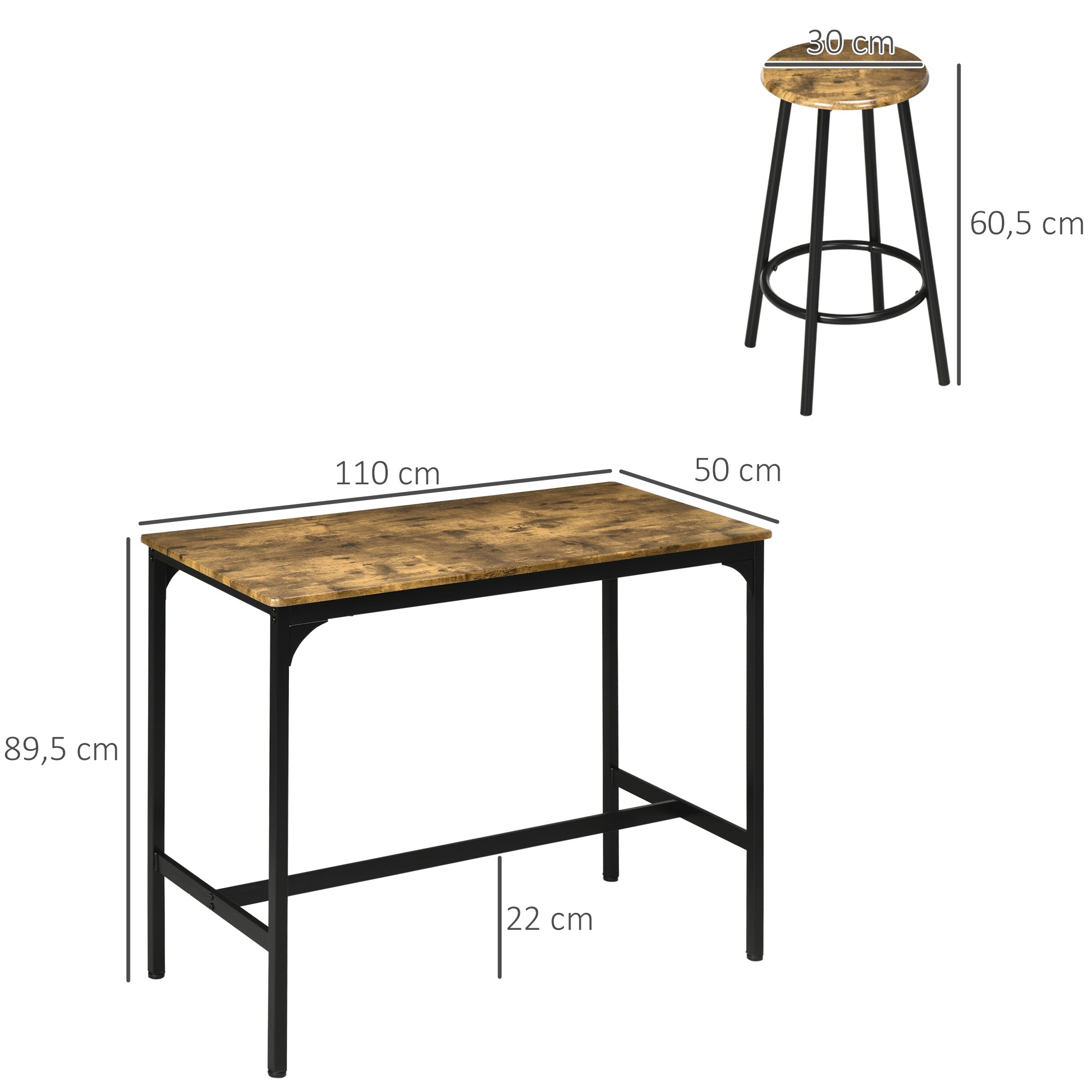 Ensemble table de bar bistrot avec 4 tabourets de bar, ensemble table haute cuisine et tabourets, avec repose-pieds, style moderne, structutre en métal, pour cuisine, salle à manger, marron