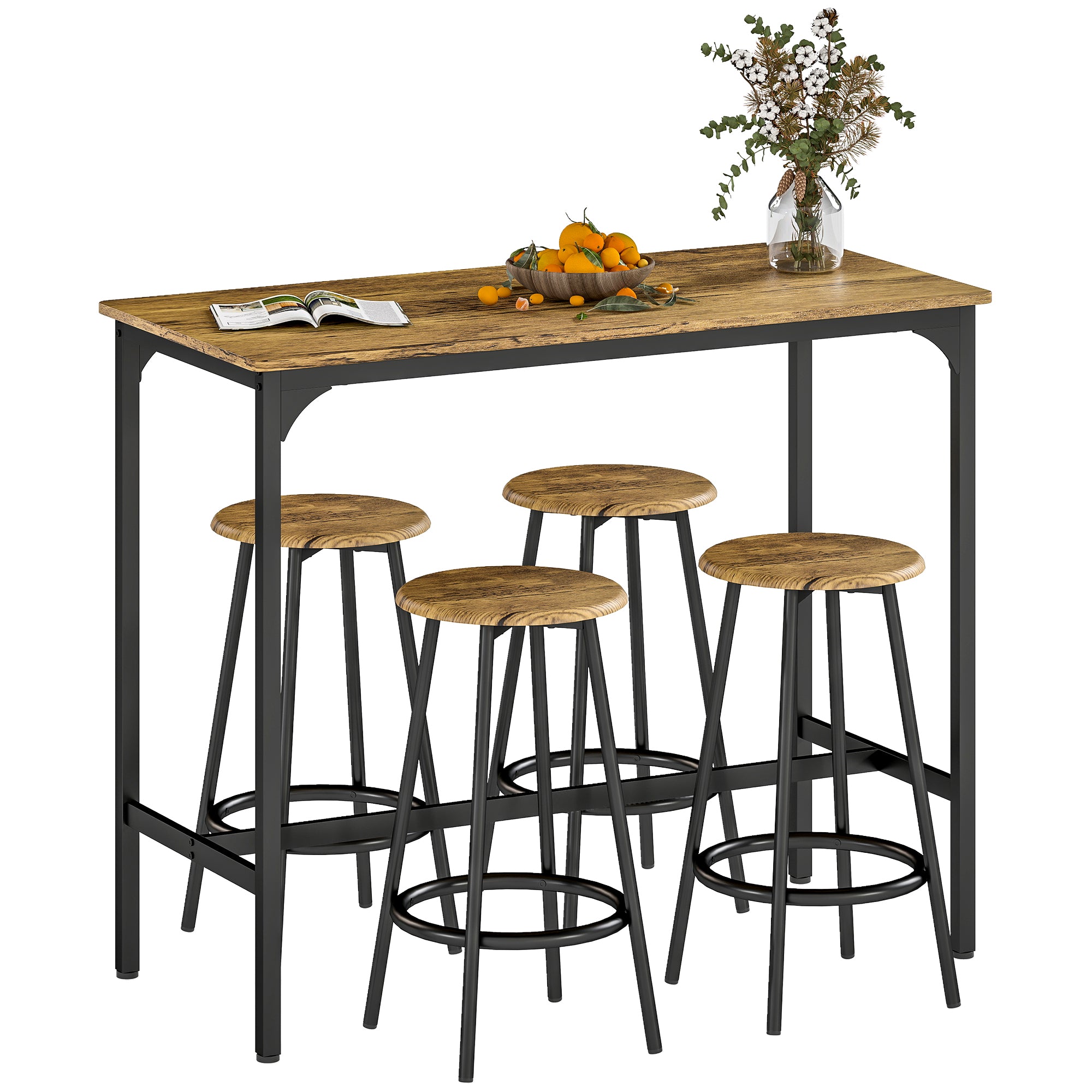Ensemble table de bar bistrot avec 4 tabourets de bar, ensemble table haute cuisine et tabourets, avec repose-pieds, style moderne, structutre en métal, pour cuisine, salle à manger, marron