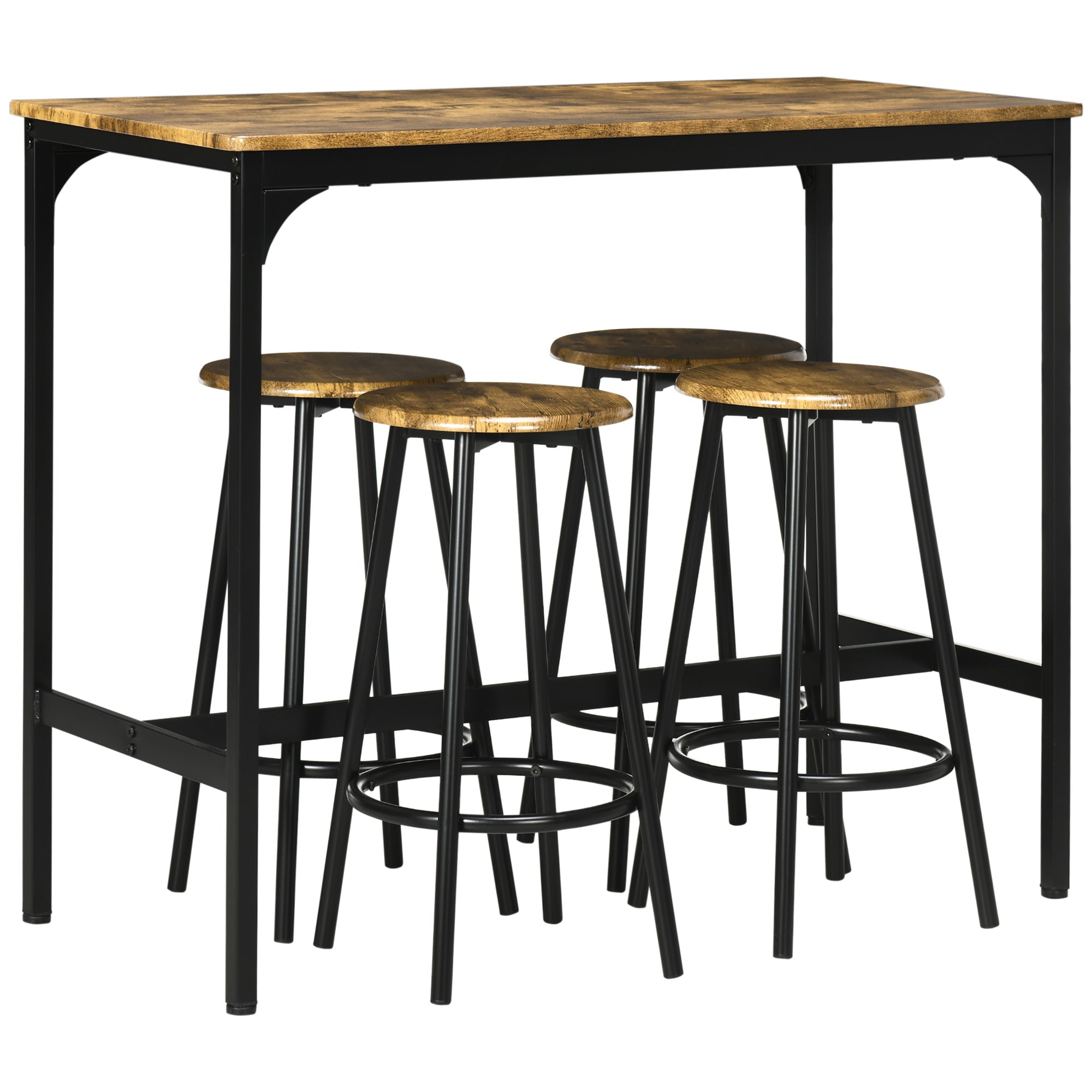 Ensemble table de bar bistrot avec 4 tabourets de bar, ensemble table haute cuisine et tabourets, avec repose-pieds, style moderne, structutre en métal, pour cuisine, salle à manger, marron