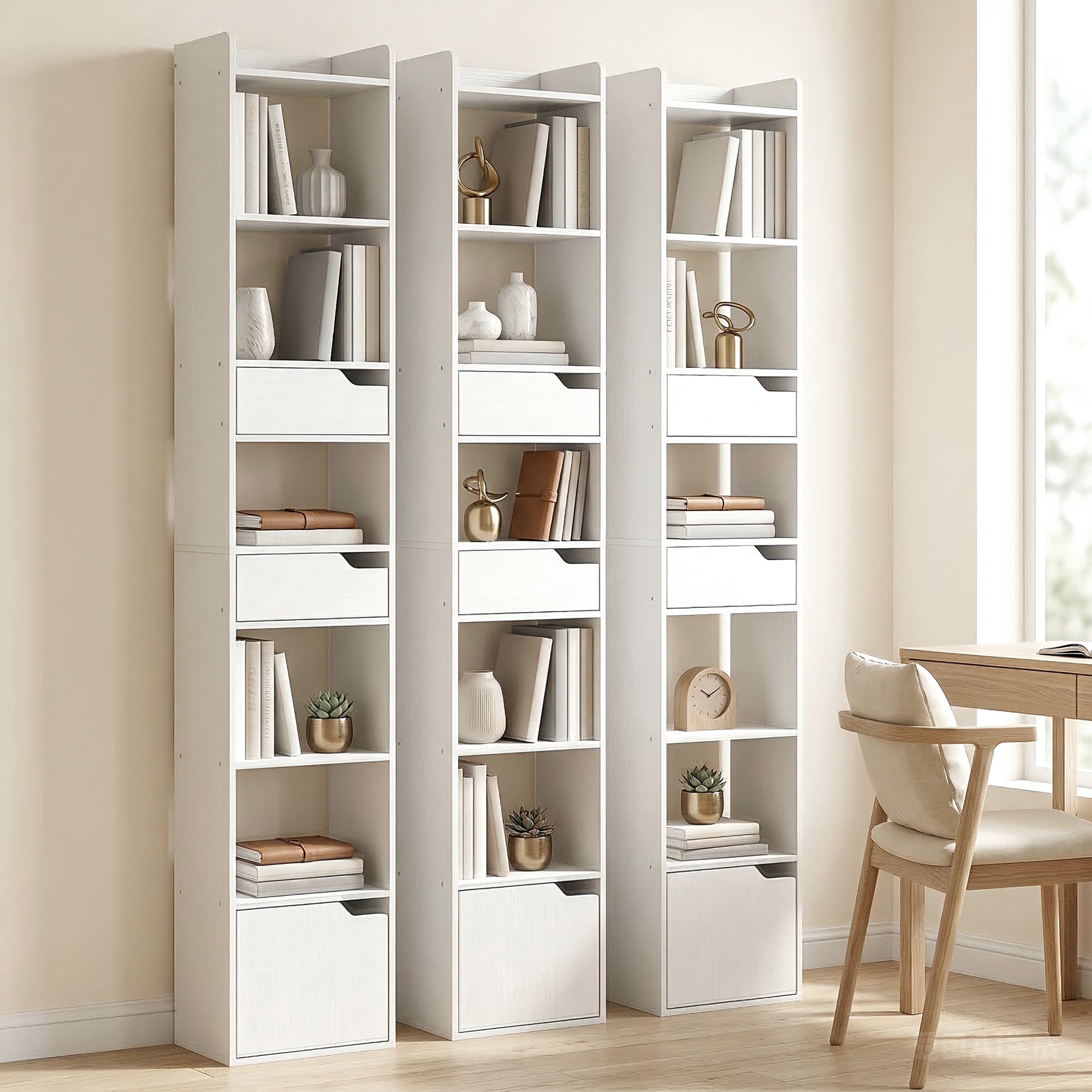 Bibliothèque étagère de rangement, étagère à livres étroite 32 x 24 x 181,5 cm avec porte, 2 tiroirs, compartiments ouverts, meuble de rangement pour salon, chambre, bureau, blanc