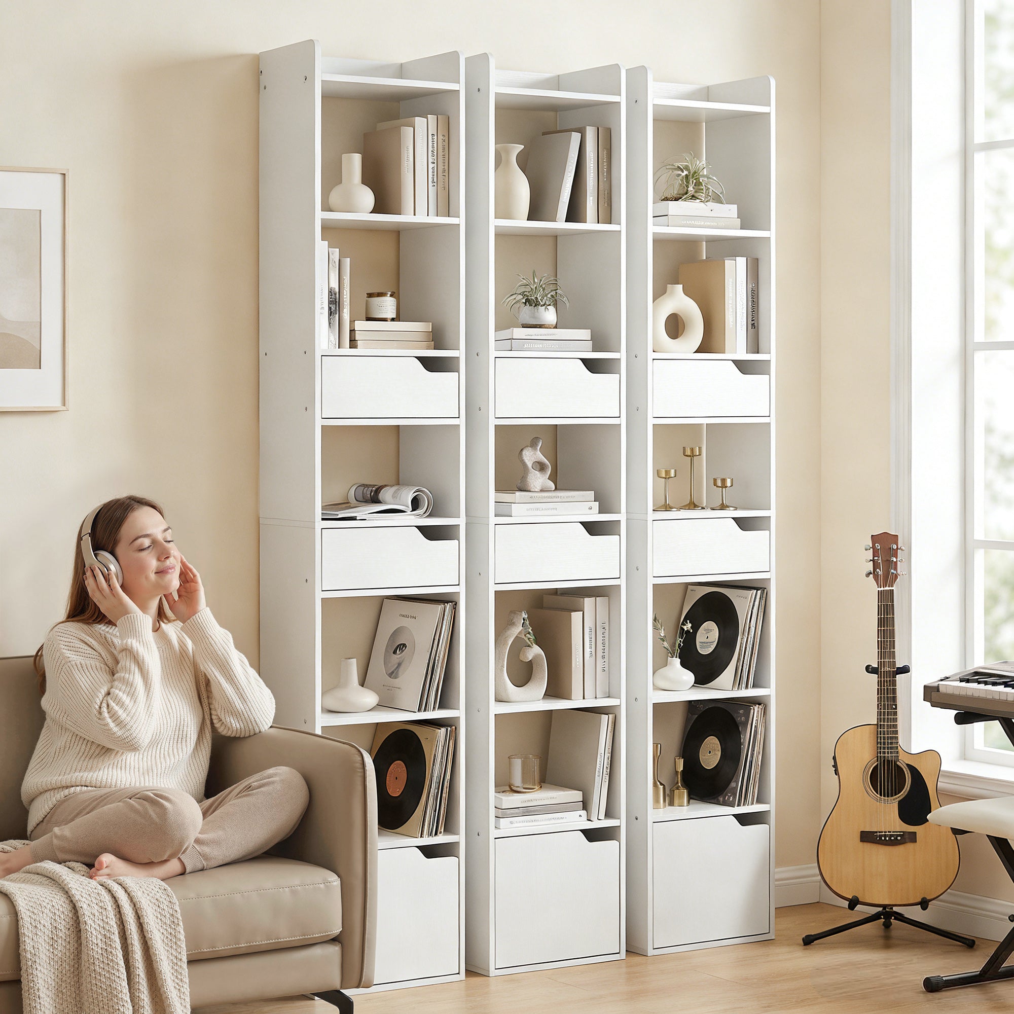 Bibliothèque étagère de rangement, étagère à livres étroite 32 x 24 x 181,5 cm avec porte, 2 tiroirs, compartiments ouverts, meuble de rangement pour salon, chambre, bureau, blanc