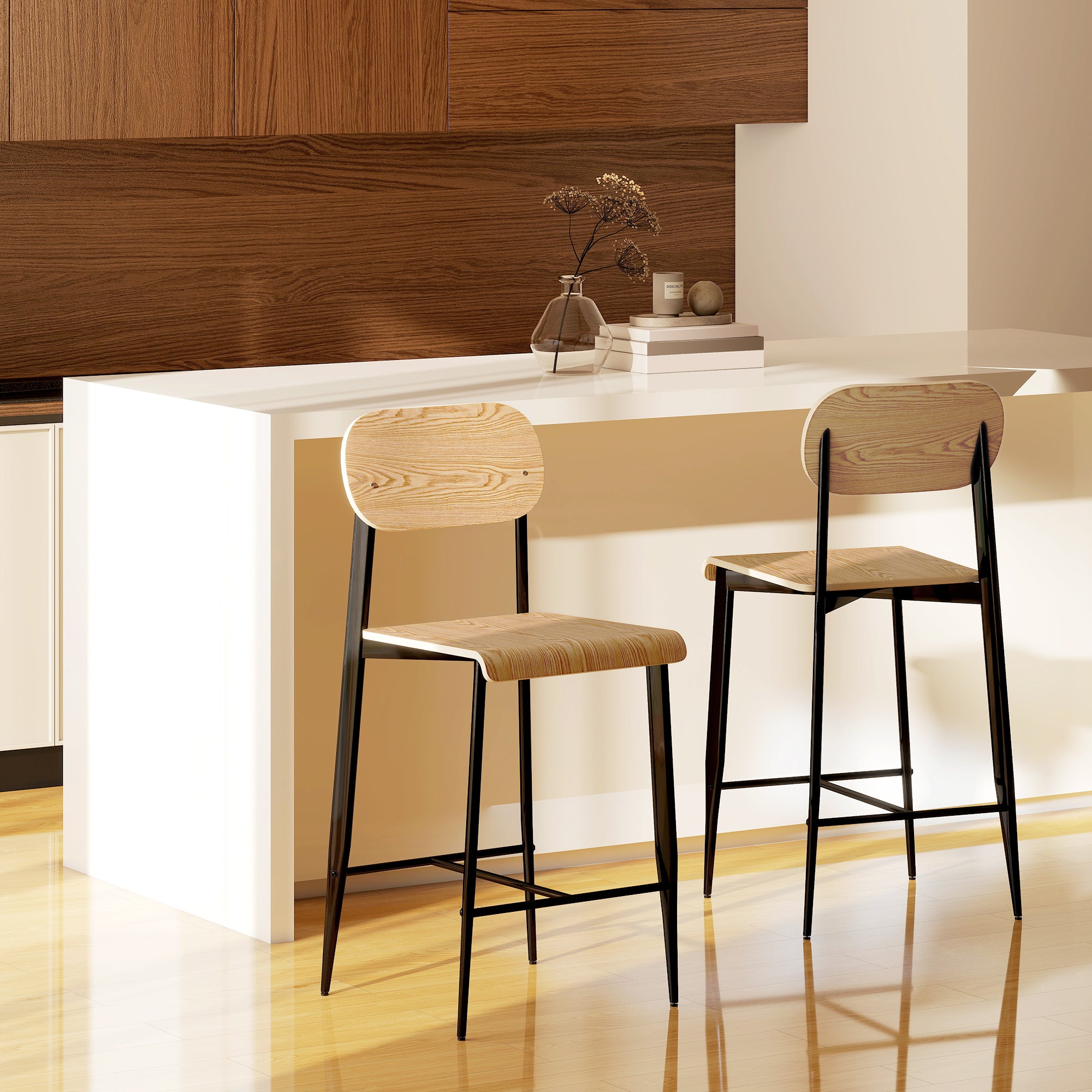 Lot de 2 tabourets de bar, chaises de bar, tabourets de cuisine hauts 65H cm avec dossier, structure en acier, effet bois naturel