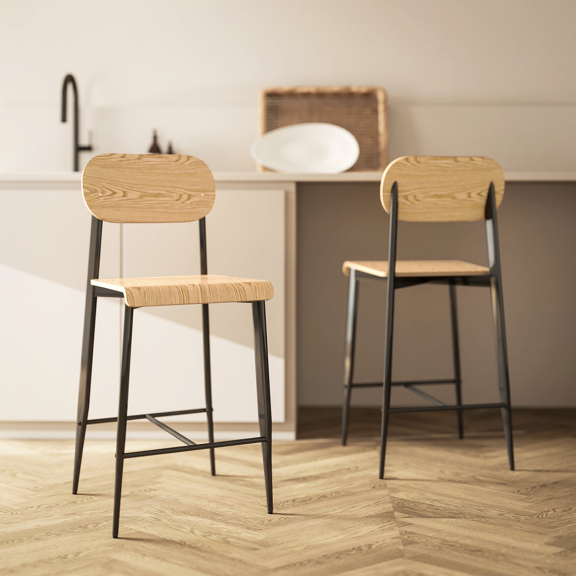 Lot de 2 tabourets de bar, chaises de bar, tabourets de cuisine hauts 65H cm avec dossier, structure en acier, effet bois naturel