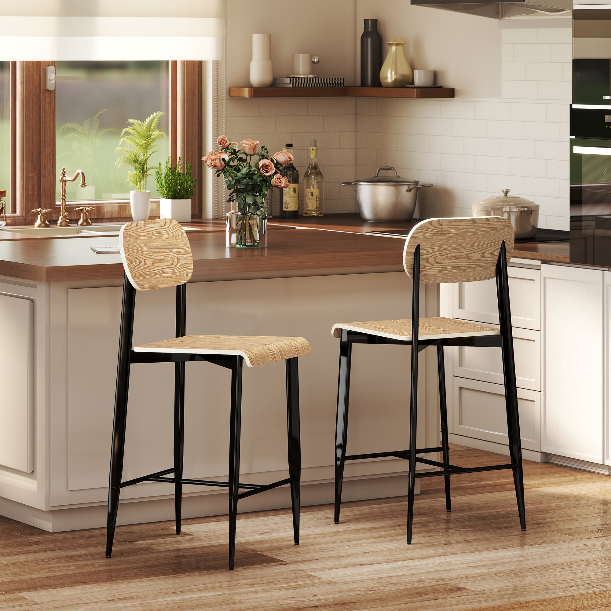 Lot de 2 tabourets de bar, chaises de bar, tabourets de cuisine hauts 65H cm avec dossier, structure en acier, effet bois naturel