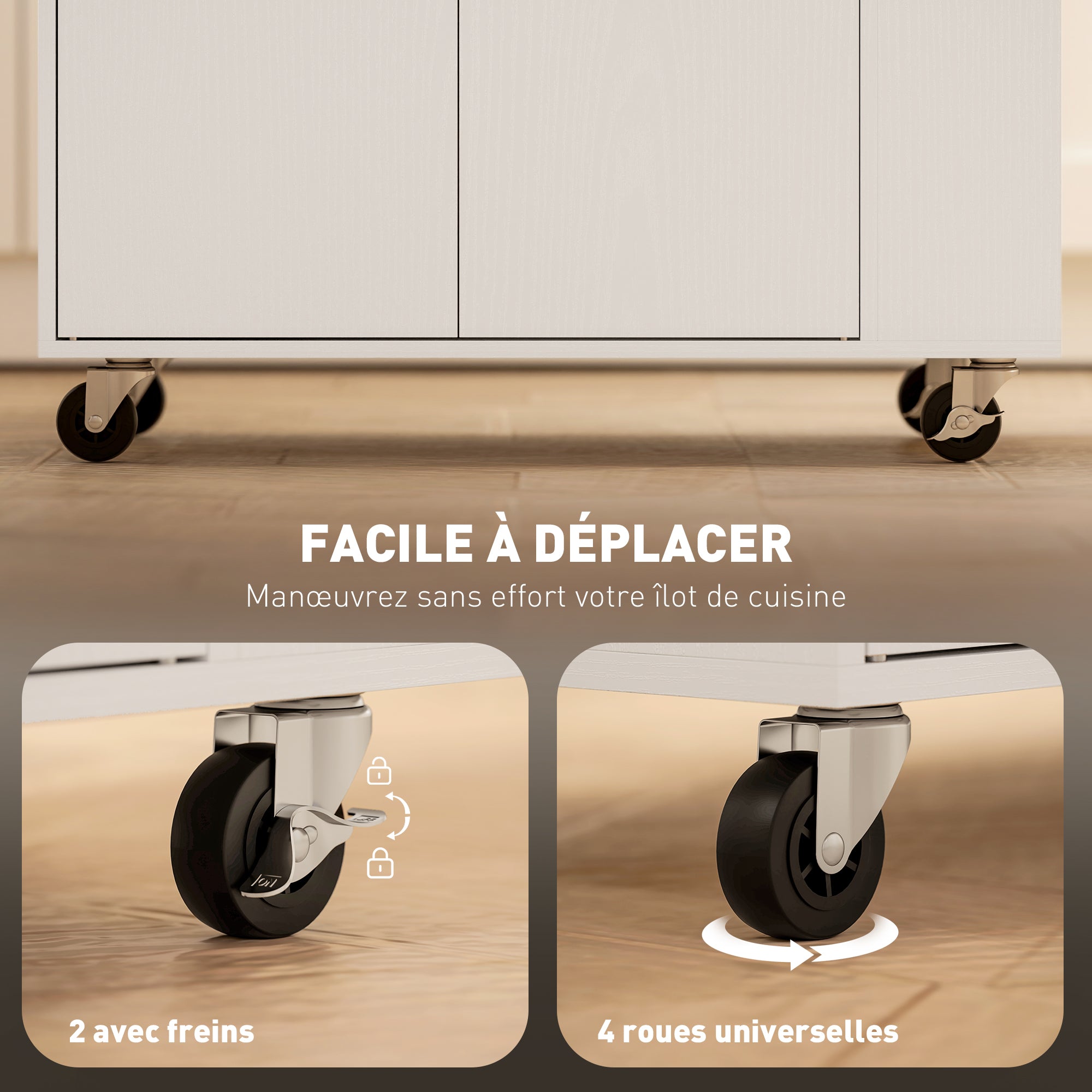 Îlot central cuisine mobile, desserte cuisine avec tiroir, étagère réglable, placard à deux portes, barre à serviettes et étagères à épices pour salle à manger, blanc