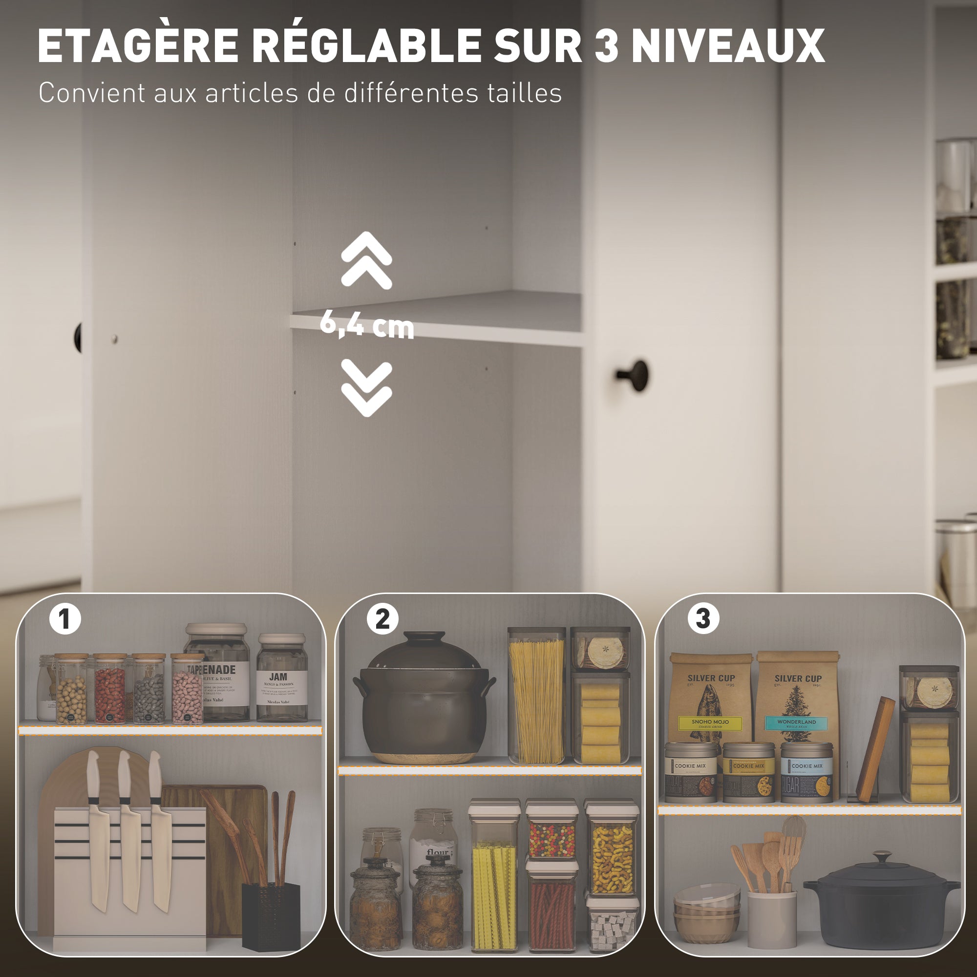 Îlot central cuisine mobile, desserte cuisine avec tiroir, étagère réglable, placard à deux portes, barre à serviettes et étagères à épices pour salle à manger, blanc